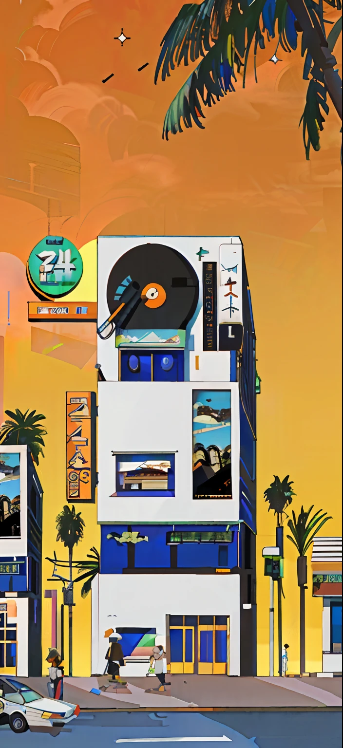 (8K, Best quality, Masterpiece:1.2), (High-quality illustrations) A building is on the side of the road,There are some pedestrians on the road,There are several palm trees,a warm color palette,llight rays,Clean picture,Urban pop illustration style,American retro illustration style