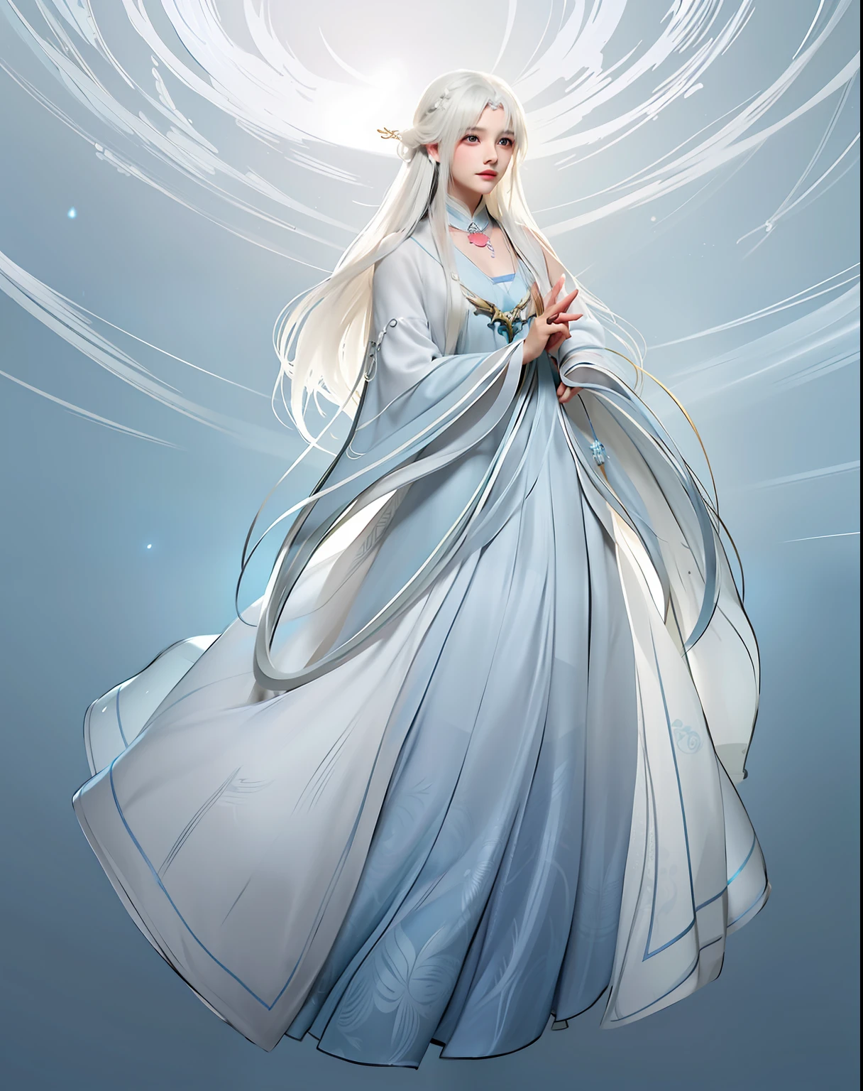 a drawing,One in a blue dress,Woman with white hair, gandalf as a woman, flowing hair and long robes, full-body xianxia, white-haired god, princess 'kida' kidagakash, inspired by Lü Ji, ((a beautiful fantasy empress)), Inspired by Qiu Ying, wearing a long flowing robe, Wearing a flowing cloak