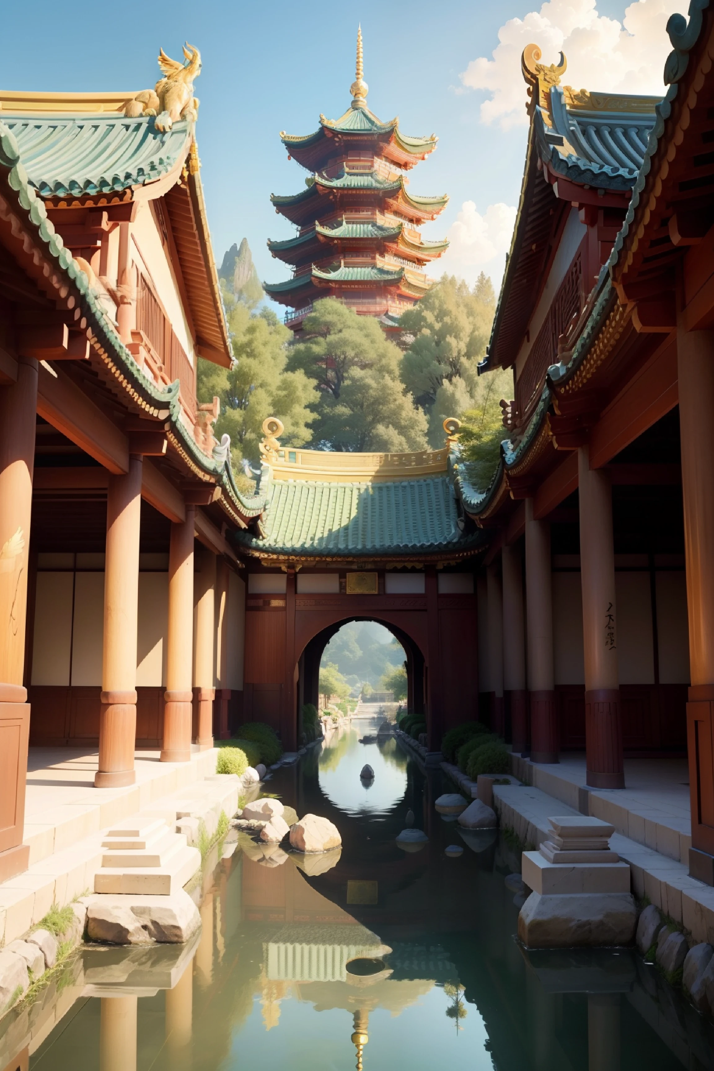 Walk through the noon gate，Then we came to a large square made of green bricks，There is a golden water bridge in the square。Jinshui Bridge is a stone arch bridge，Look from afar，The Golden Water Bridge is like a bright moon，Take a closer look，The wyvern on the middle armrest is carved with beautiful pictures of different shapes：There is a burning flame；There are golden gemstones；and high water column ... The lions carved on the white stone next to it have different expressions：Some lie quietly in their nests；Others frolic happily；And paws，It seems to want to scare away the tourists on the bridge。There is a huge variety。A breeze blows from the stream under the bridge，Refreshing。
After admiring the Golden Water Bridge ，Pass by the Taihe Gate，It embodies 5,000 years of splendor and ancient culture，The world-famous Taihetang comes into view。Look from afar，Taiheji Temple is like a sparkling piece of gold，Resplendent，The golden glazed tiles resemble spirited soldiers，Very neatly furnished。Take a closer look，Carved into the curved corners of a phoenix，The upturned eaves make the Hall of Harmony majestic、Spectacular 。Seventy-two large red pillars are carved with dragons and phoenixes，The golden roof reflects the majesty and status of the ancient emperors。At this moment，I seemed to see a group of eunuchs waiting on both sides。。，The emperor sat on the dragon chair，The ministers knelt before the emperor ...
