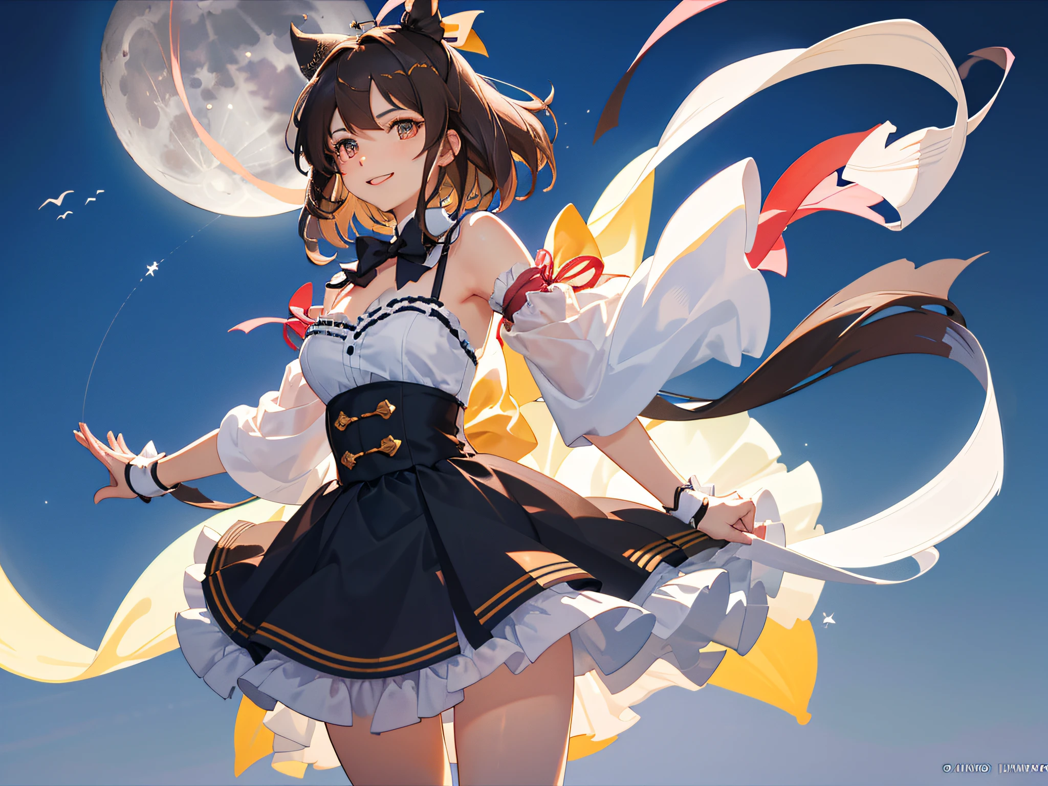 tmasterpiece，best qualtiy，the detail，1girll，with short brown hair，Wear a bow on your head，closeup cleavage，brightly，lineworks，cheerfulness，intriguing，Clothing is transparent，Colorless Moon，komono