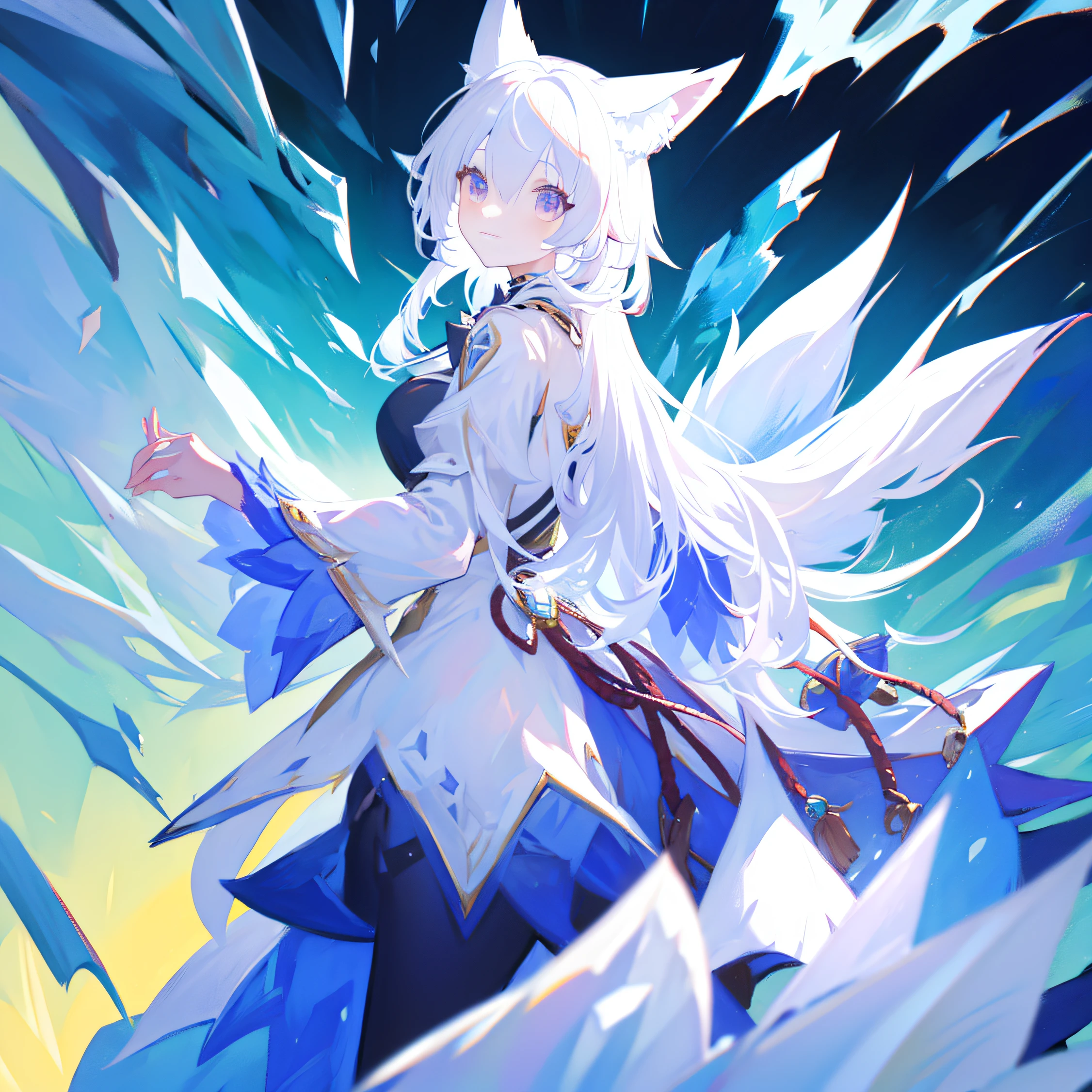 White-haired girl,fox ear,adolable,Big jewel-like eyes