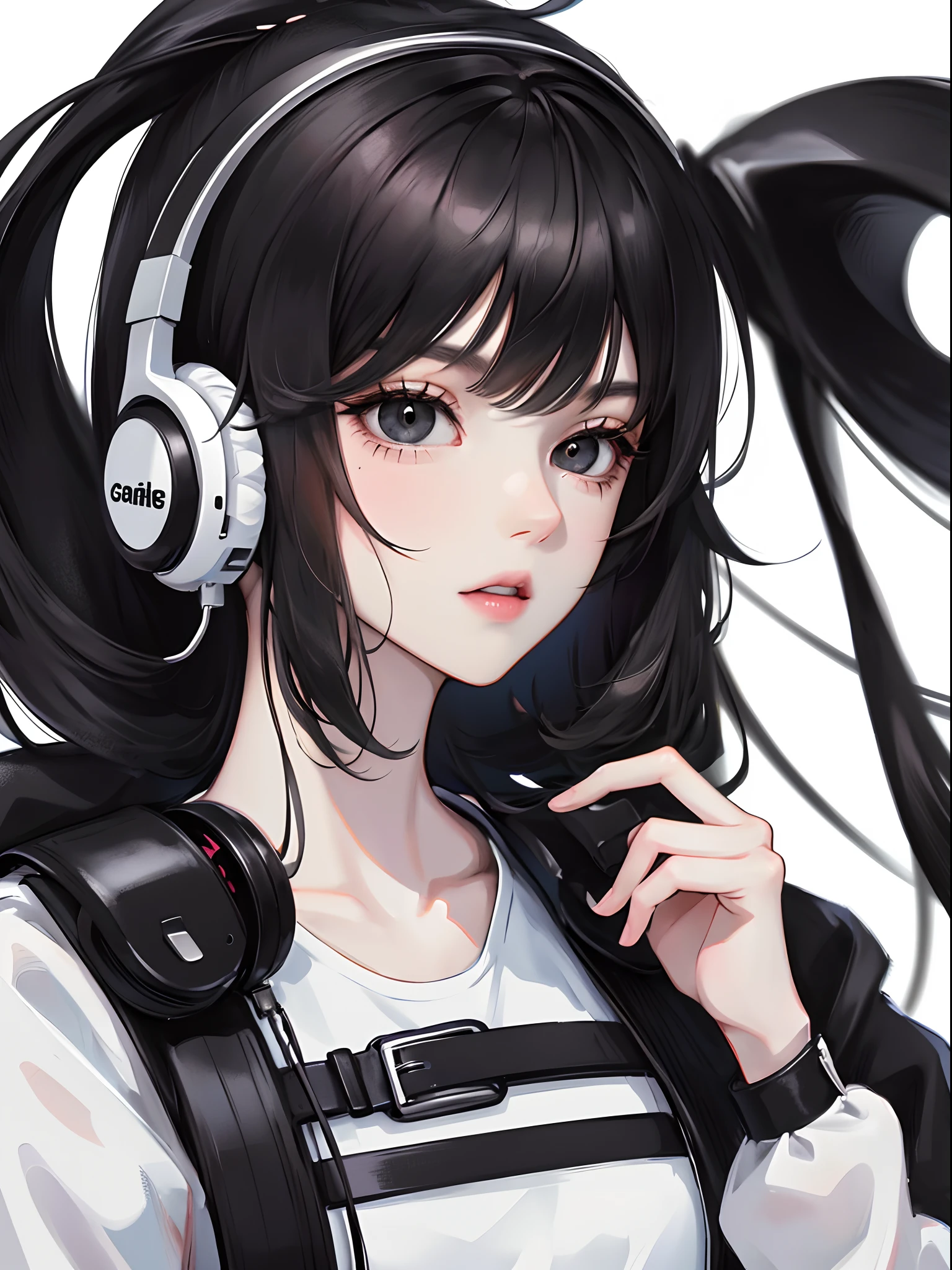 Close-up, anime girl, long black hair, black eyes, black clothes, white background, wearing black and white headphones