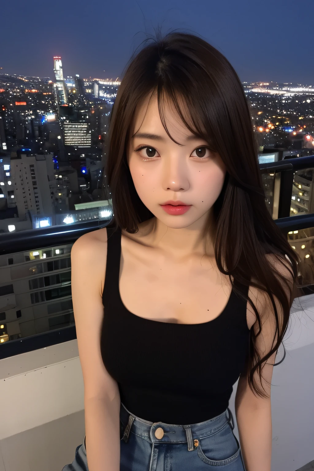 ((Midnight, Best quality, 8k, Masterpiece :1.3)), Whole body, Long legs, Sharp focus :1.2, A pretty woman with perfect figure :1.4, Slender abs :1.1, ((Dark brown hair, Big breasts :1.2)), (White tight tshirt, Jean bib, Standing:1.2), ((Night city view, Rooftop:1.3)), Highly detailed face and skin texture, Detailed eyes, Double eyelid, remove withe clothes change with red tanktop, show real huge tits