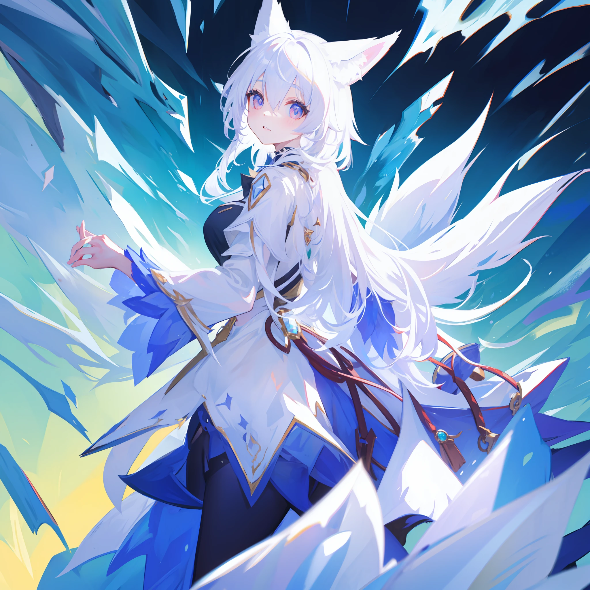 White-haired girl,fox ear,adolable,Big jewel-like eyes