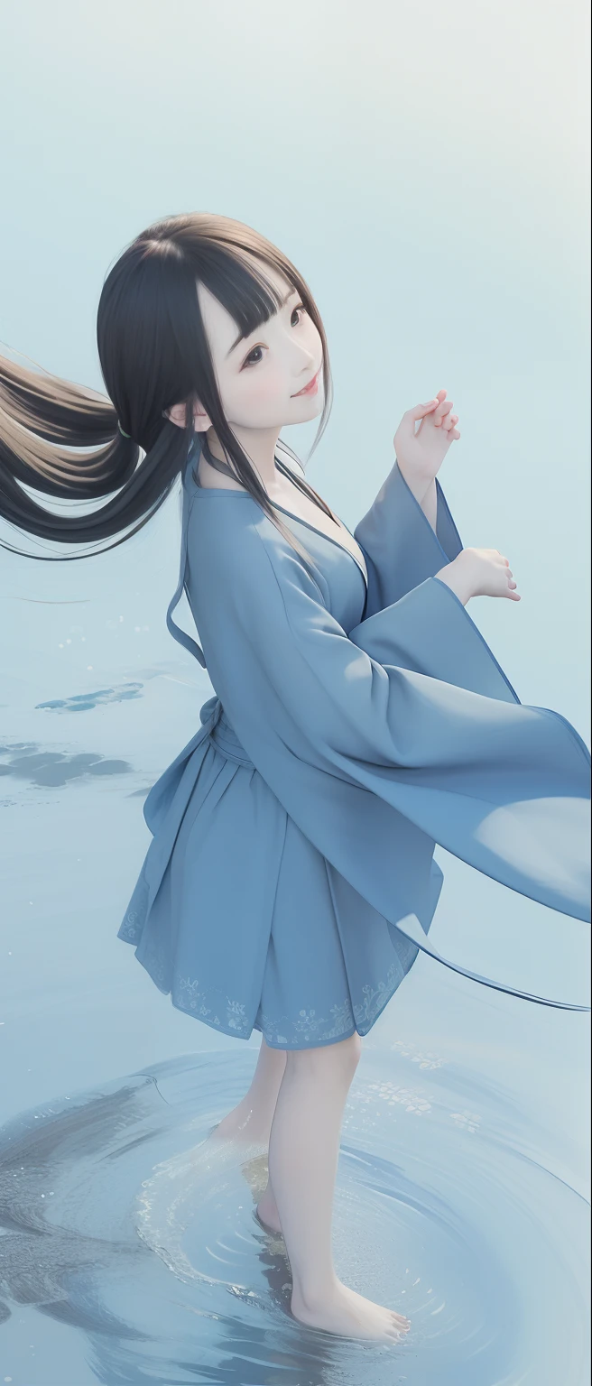 ((4k,masterpiece,best quality)), shuimobysim, traditional chinese ink painting, lotus, hanfu, maxiskit, dress conservatively 1girl, solo, long blue hair, smile, standing, feet in the water, barefoot,