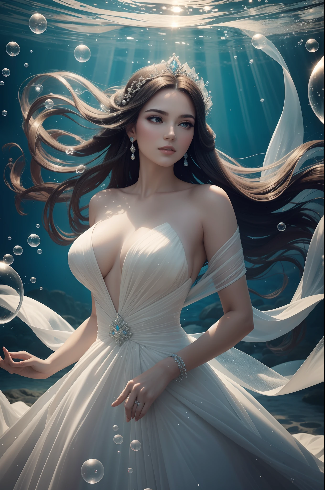 A graceful woman in a flowing gown, surrounded by a sea of shimmering bubbles.