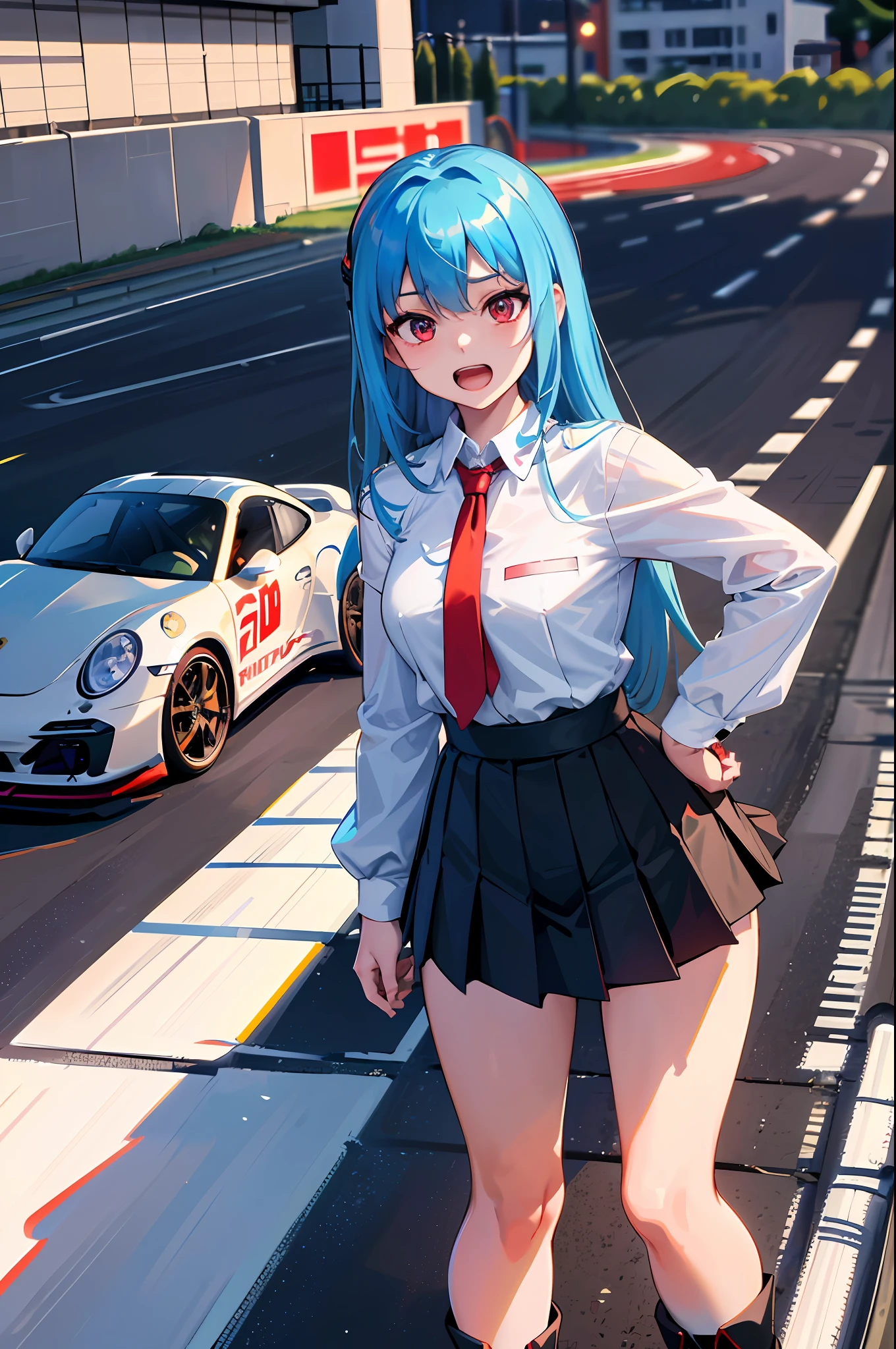 (top-quality、raw、in 8K、32K、masterpiece、nffsw、ighly detailed、Photorealsitic:1.2)、Full body, (Circuit field、sports car on the background、Porsche 911:1.6)、sunlights、deep-shadows、Realistic pupils、Sharp pupils、detailed faces and eyes、beauitful face、18Old Beautiful Girl、shinny skin, Beautiful blue hair、Twin-tailed、Red Eyes、beauitful face、Japan Grand Prix Race Girl、a miniskirt、Wearing boots、Tie your hair with a big red ribbon、Curve、dynamicposes、Opens mouth and laughs、