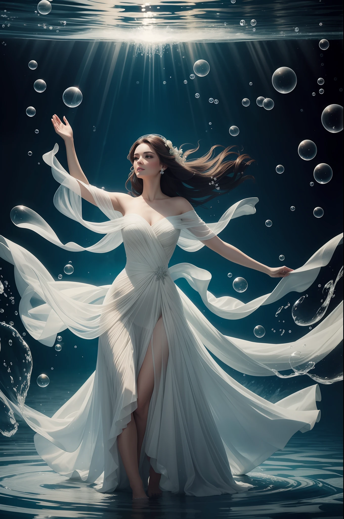 A graceful woman in a flowing gown, surrounded by a sea of shimmering bubbles.