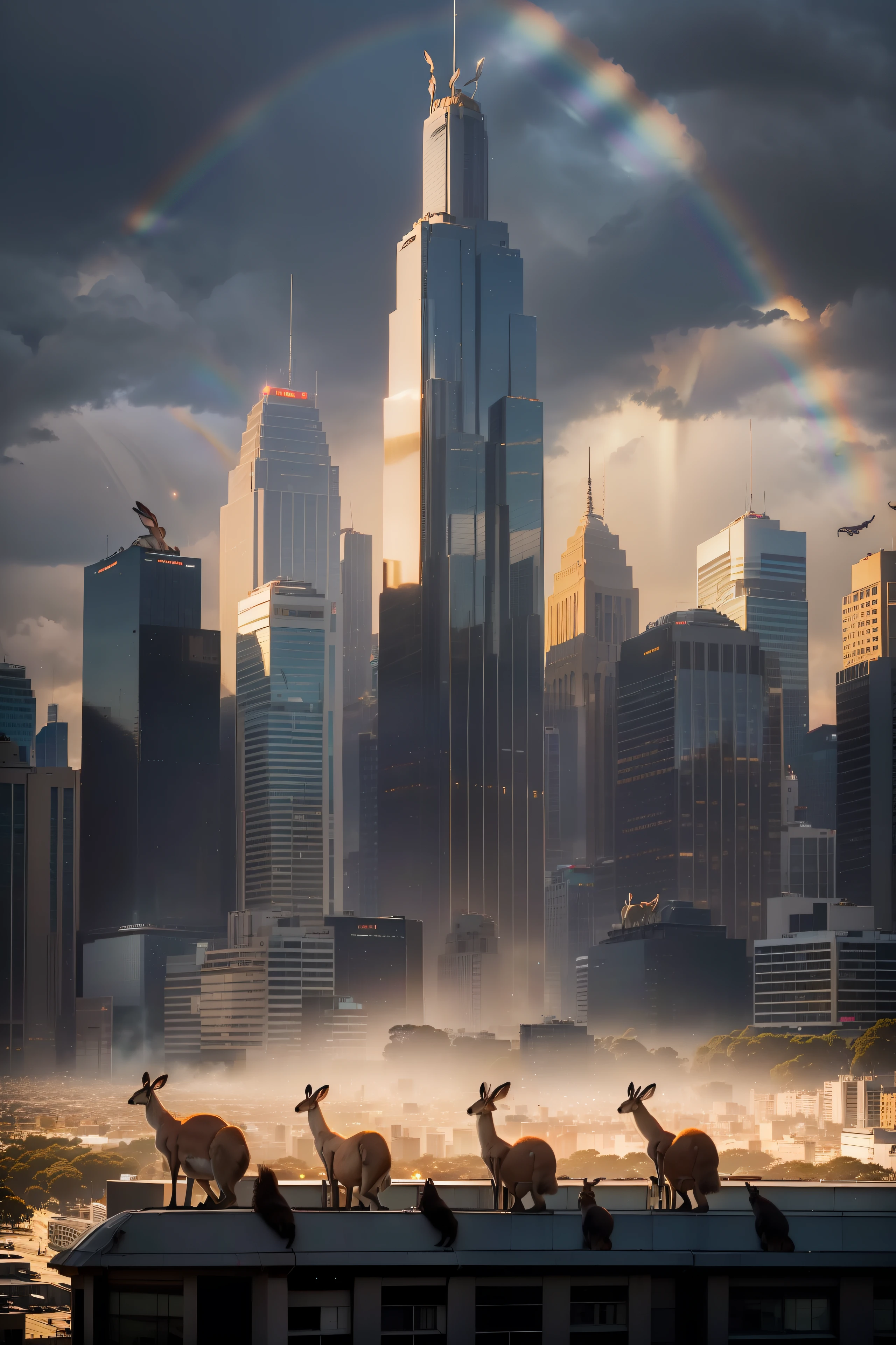 A large herd of 4 kangaroos standing on top of a tall building in the middle of Melbourne city looking at the camera curiously, (((wide shot))), sunset in background, overcast, ((rainbow)), standing Kangaroos, skyscrapers, greenery, (snowfall), (((golden sparkles))), beautiful scenery, Melbourne city, (((Melbourne Cricket Ground in background))), (((Melbourne skyline))), buildings, city skyline, vibrant sky, (((subject: large herd of kangaroos standing on roof top of tall building looking at the camera))), (((cinematic photo))), epic, hyper realistic photo, 8k render, curious animals, overcast, (((herd of kangaroos))), rainbow in sky, MCG, candid photo, Aussie, city life, top view shot, numerous kangaroos