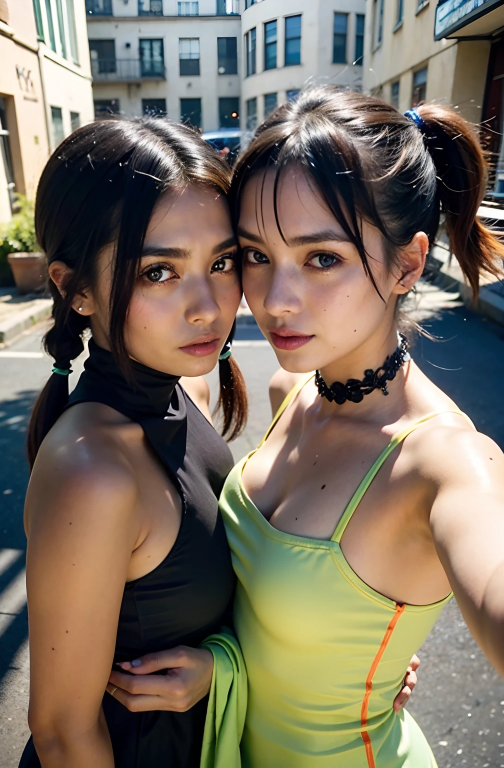 shukezouma, rendering by octane, hdr, (ultra - detailed:1.15), (Soft light, Sharp:1.2), (((duo,Two women in costume take selfies on the street,colorful pigtail, anime cosplaying,))),Beautiful girl, hyper detail eyes, mature, Painting drops, paint teardrops, woman made up from paint, entirely paint, splat, Splash, Long colored hair,paint bulb,paint drops, Exposed shoulders, Tears,shoulders are visible, Thighs exposed, seminude, focus onface, Beautiful face, eye shadows, Dark circle contour,mascara, Beautiful, 18yr old