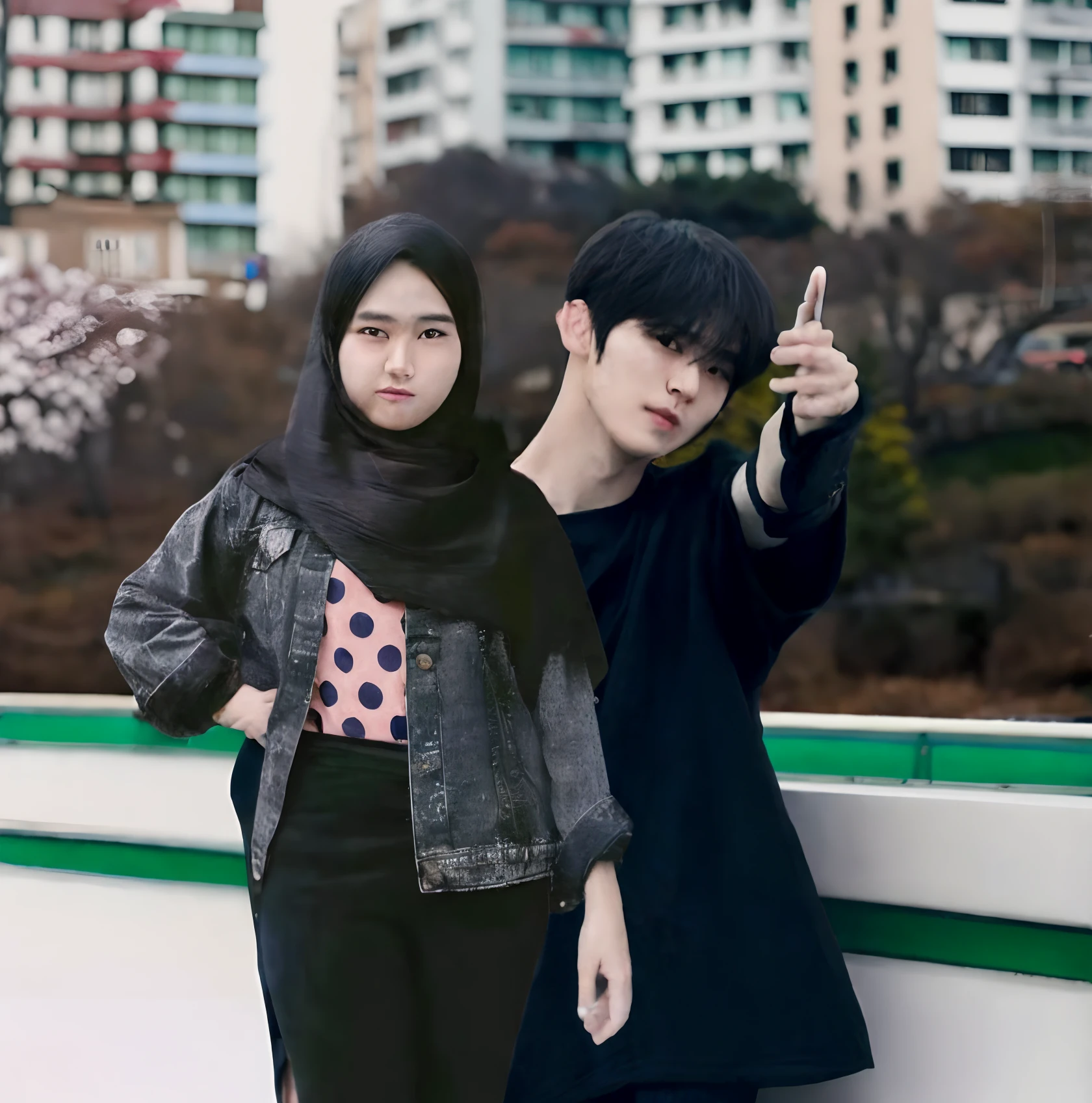 they are posing for a picture in front of a cityscape, couple pose, male ulzzang, ulzzang, artwork in the style of guweiz, anime style mixed with fujifilm, couple, jinyoung shin, smooth in _ the background, lovely couple, kim doyoung, taejune kim, inspired by jeonseok lee, 🚿🗝📝
