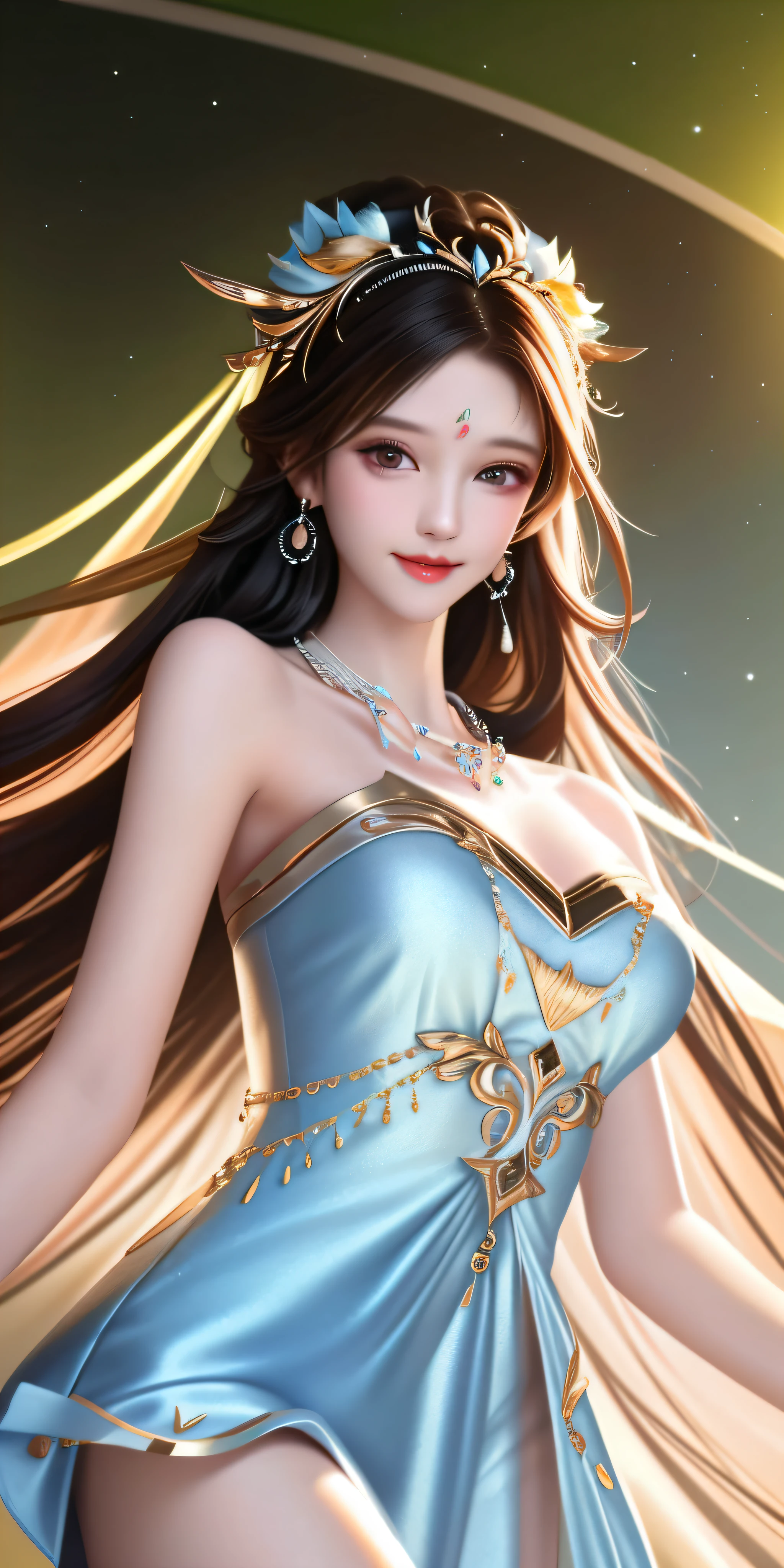 Best quality, masterpiece, high resolution, 1girl, clear silk porcelain dress, beautiful face, hair accessories, looking at the audience, smiling, close your mouth, lips, dress, hair accessories, necklaces, jewelry, long hair, earrings, beautiful face, on the body, Tindal effect, realism, dark studio, edge lighting, two-tone lighting, (high detail skin: 1.2), 8k UHD, DSLR, soft light, high quality, volumetric lighting, photo, high resolution 4K, 8k, blurred background