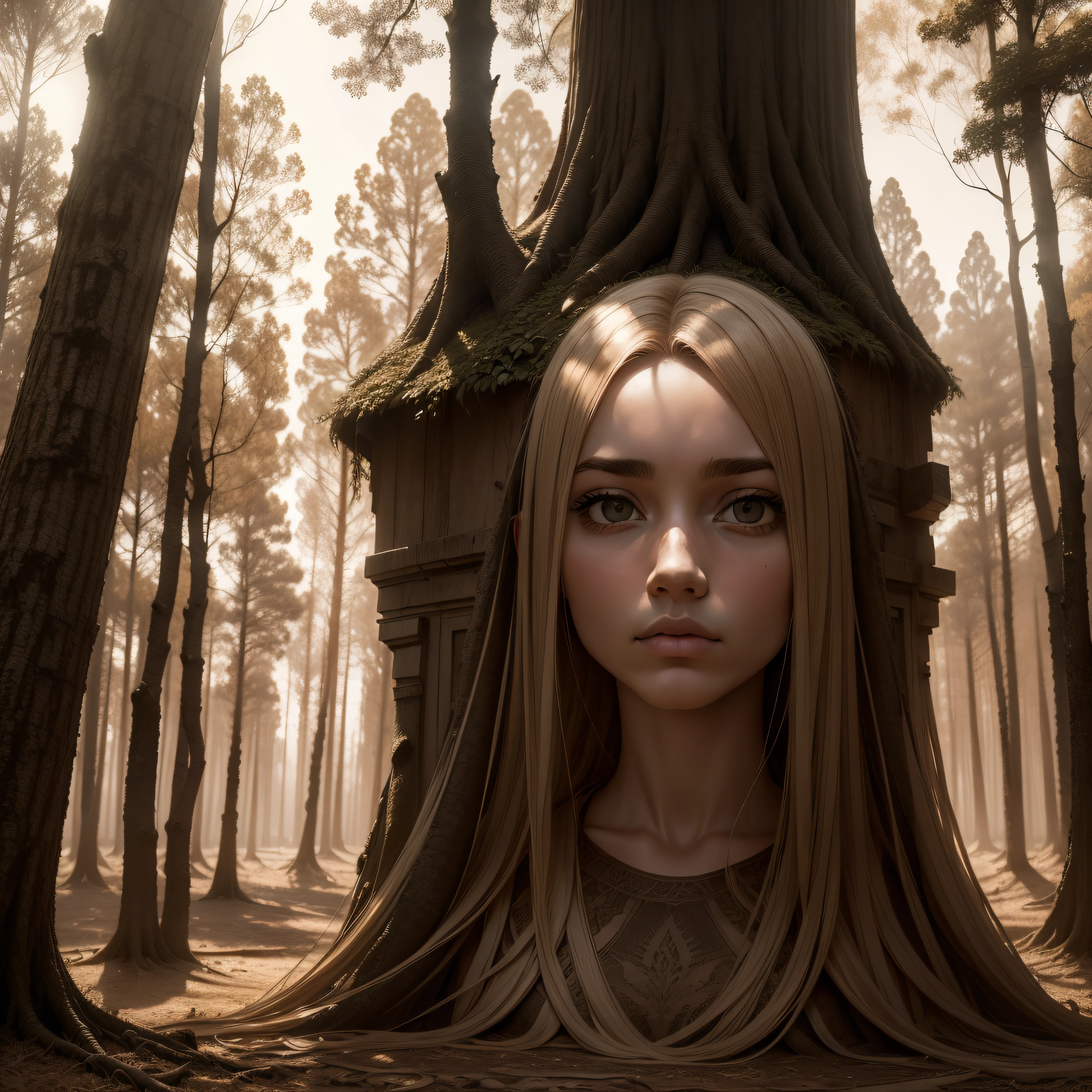 (extremadamente detallado, obra maestra, La mejor calidad, Tono sepia) bosque enorme, Trees with a human face, ruinas. Daytime Lighting.