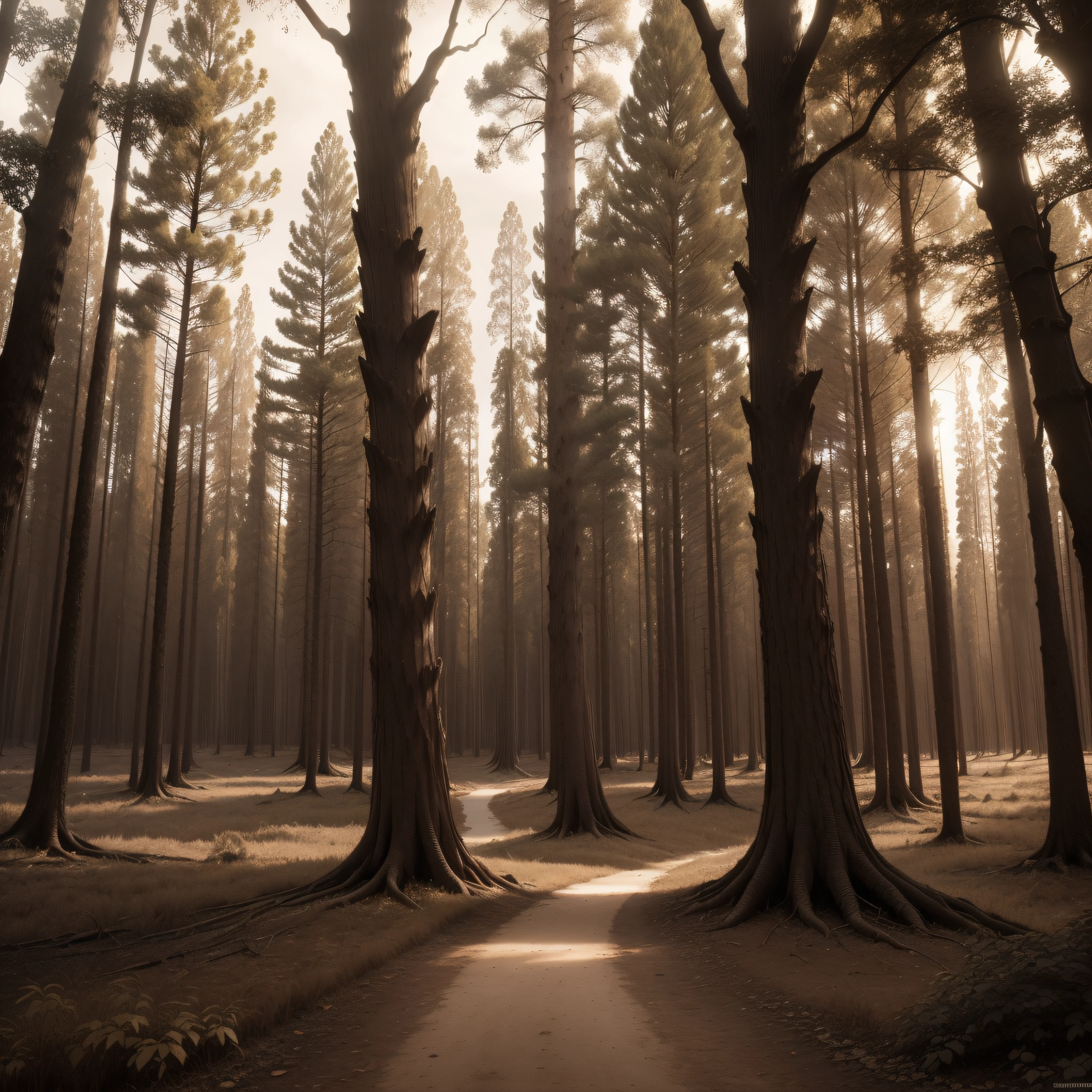 (extremadamente detallado, obra maestra, La mejor calidad, Tono sepia) bosque enorme, Trees with a human face, ruinas. Daytime Lighting.
