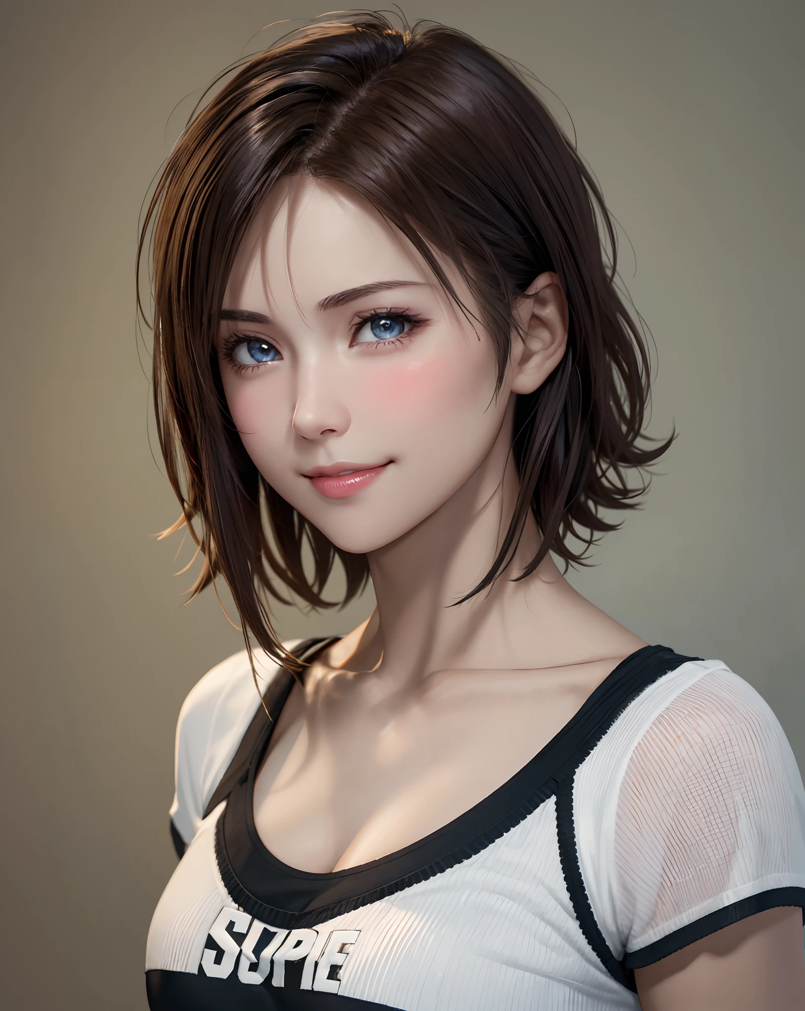 Best Quality, Ultra High Resolution, (Photorealistic: 1.4), Beautiful Eyes, Super Beautiful, Very Short Hair, Beautiful, Sweetheart, T-shirt with Rough Chest, Beautiful Soldier, Eyes That Invite Viewer, Lover's Perspective, Inviting Expression, Sexy Smile, Perfect Style, Perfect Balance, Detailed Skin, Naughty Gaze, Chest Visible