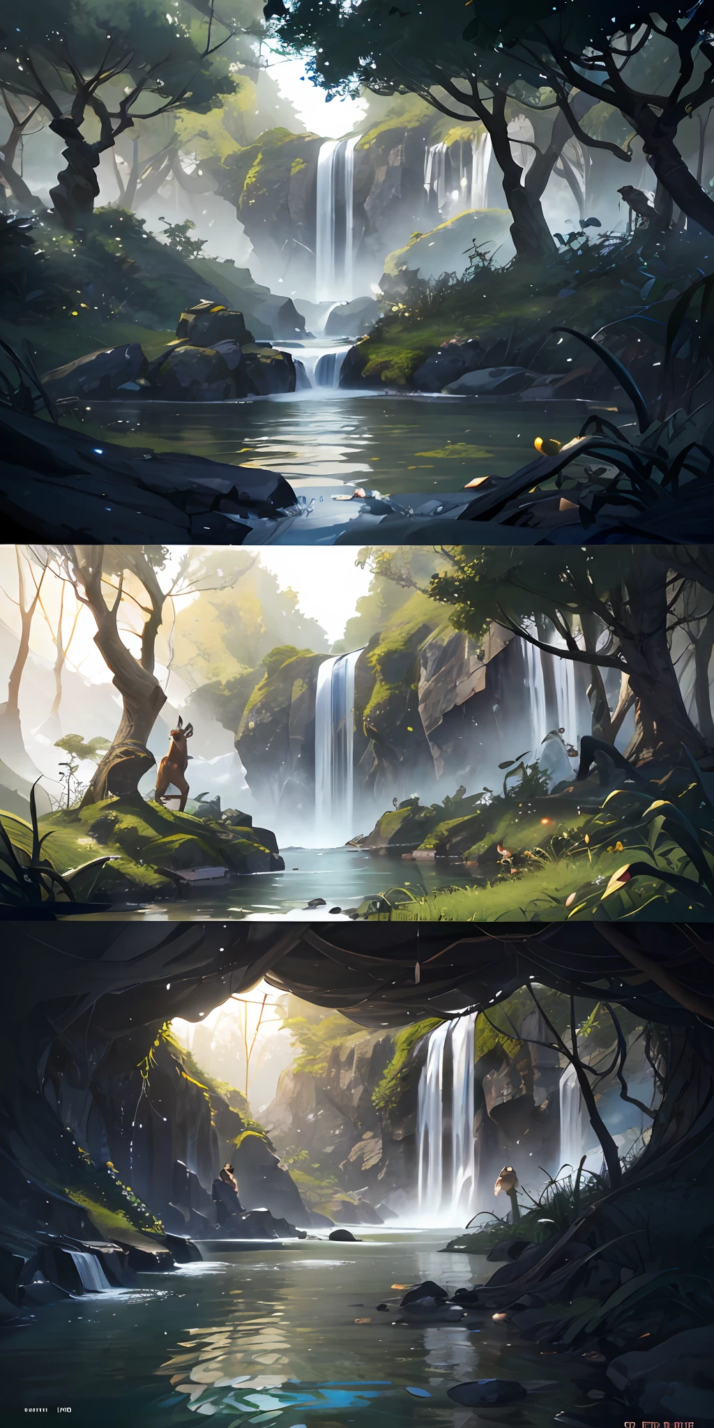 Chinese ancient times, spring, jungle, lake, cave, waterfall, tree, meadow, rock, deer, hot spring, water vapor, (illustration: 1.0), epic composition, realistic lighting, HD details, masterpiece, best quality, (very detailed CG unified 8k wallpaper)