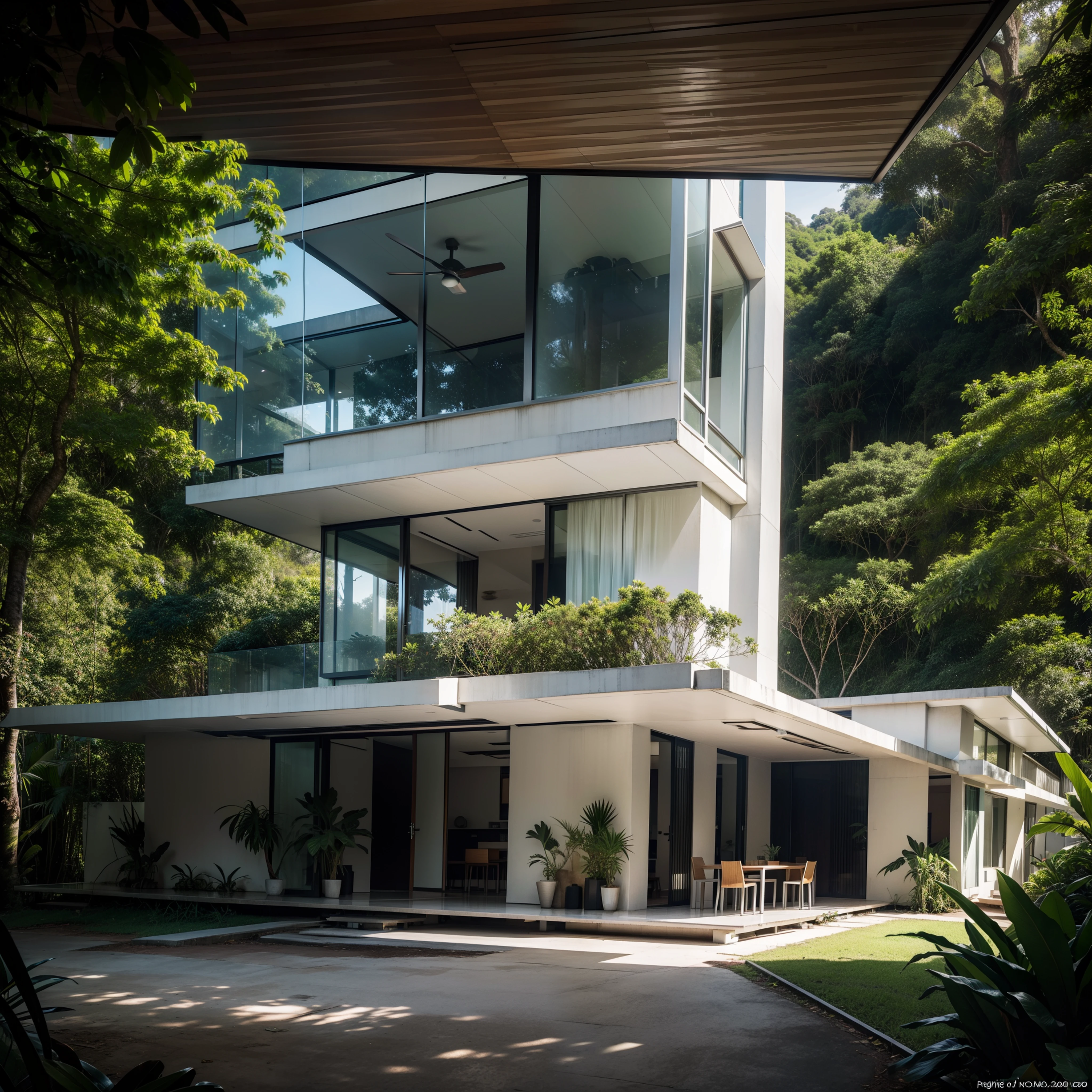 Hyper realistic exterior photo at eye level of a futuristic style house overlooking the jungle, luz do dia, Indirect lighting, Revista AD, Franca Lloyd, Eames, Mies van der Rohe