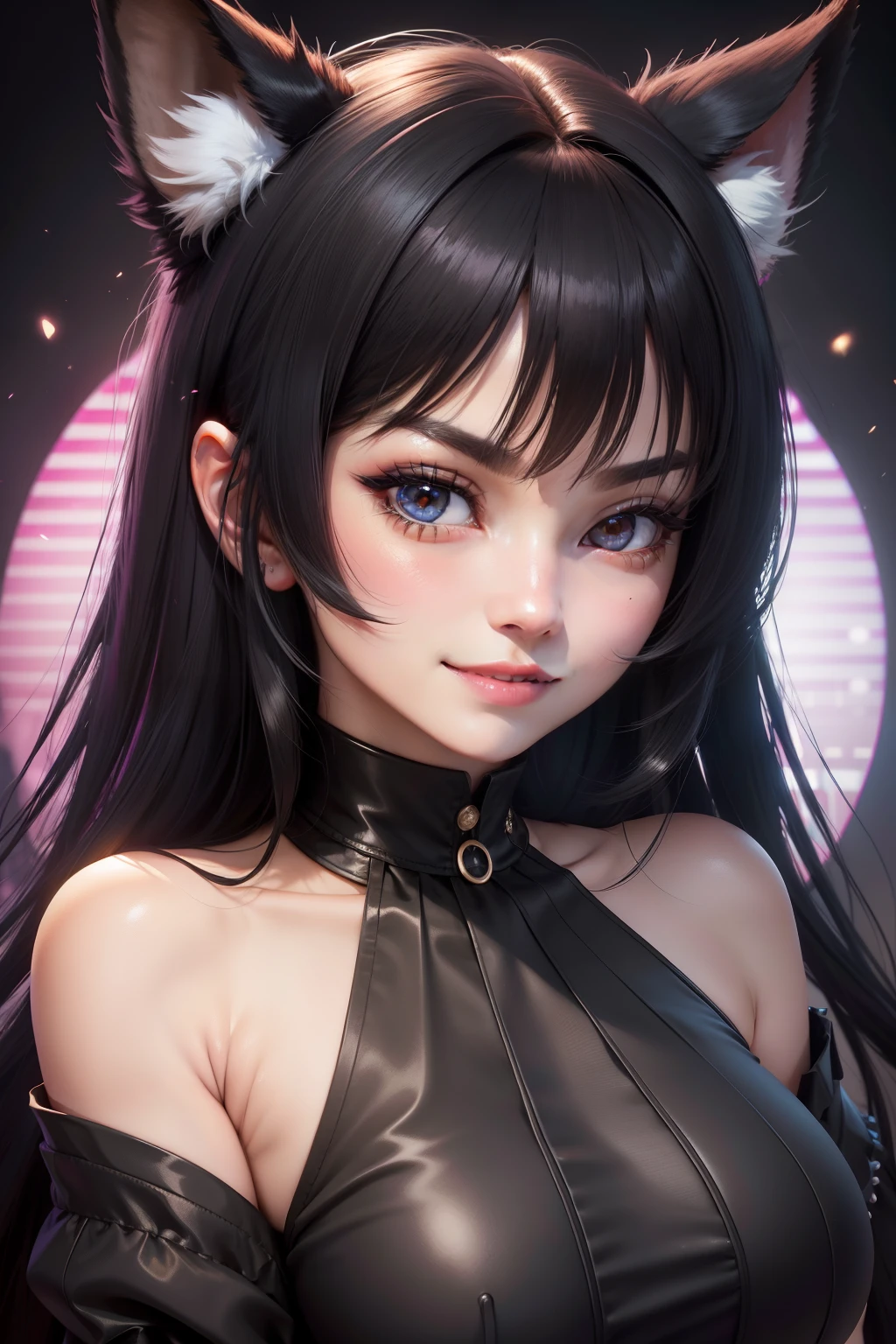 black hair, hair bobbles, wince, longeyelashes, solid circle eyes, fake animal ears, light smile, ear blush, fang, Surrealism, drop shadow, anaglyph, stereogram, tachi-e, pov, 8k, super detail, ccurate, masterpiece, textured skin, high details, high quality, HD