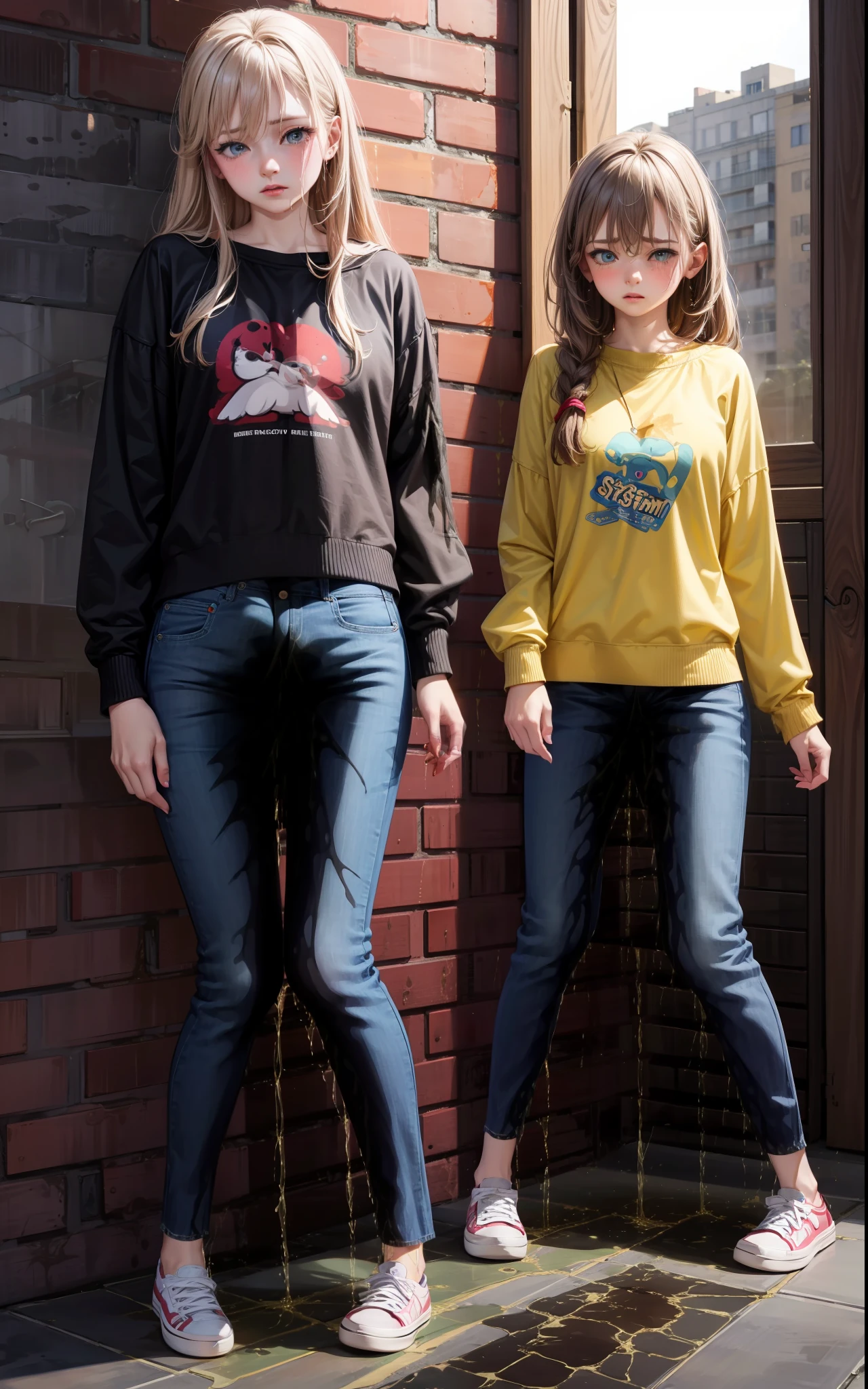 masterpiece, 8K, realistic, highly detailed, highres, best quality, (3girl), 20 years old, (blue jeans pants), full body, blush, worried, park, ((((((pee stain))))))