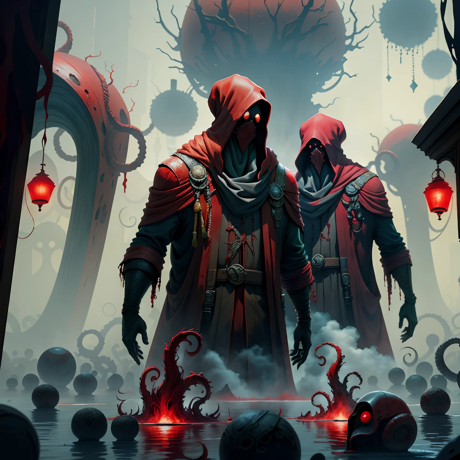 Cultists in red masks, Surrounded by red liquid tentacles and mist