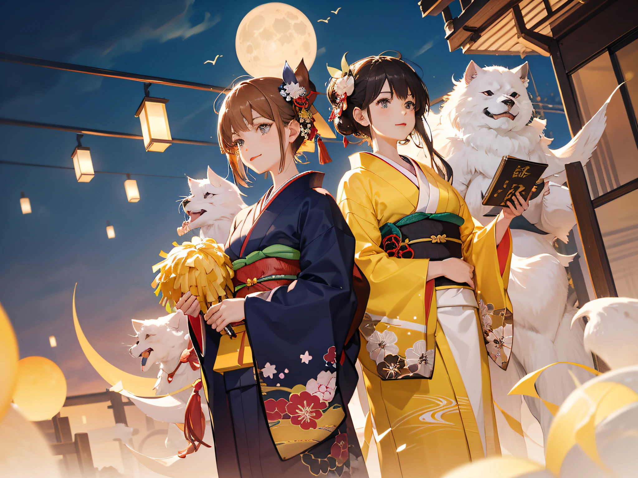 tmasterpiece,best qualtiy,the detail,1girll,with short brown hair,Japan kimono,Bow knot,closeup cleavage,brightly,lineworks,cheerfulness,intriguing,Well-behaved clothes are transparent,Five-color moon