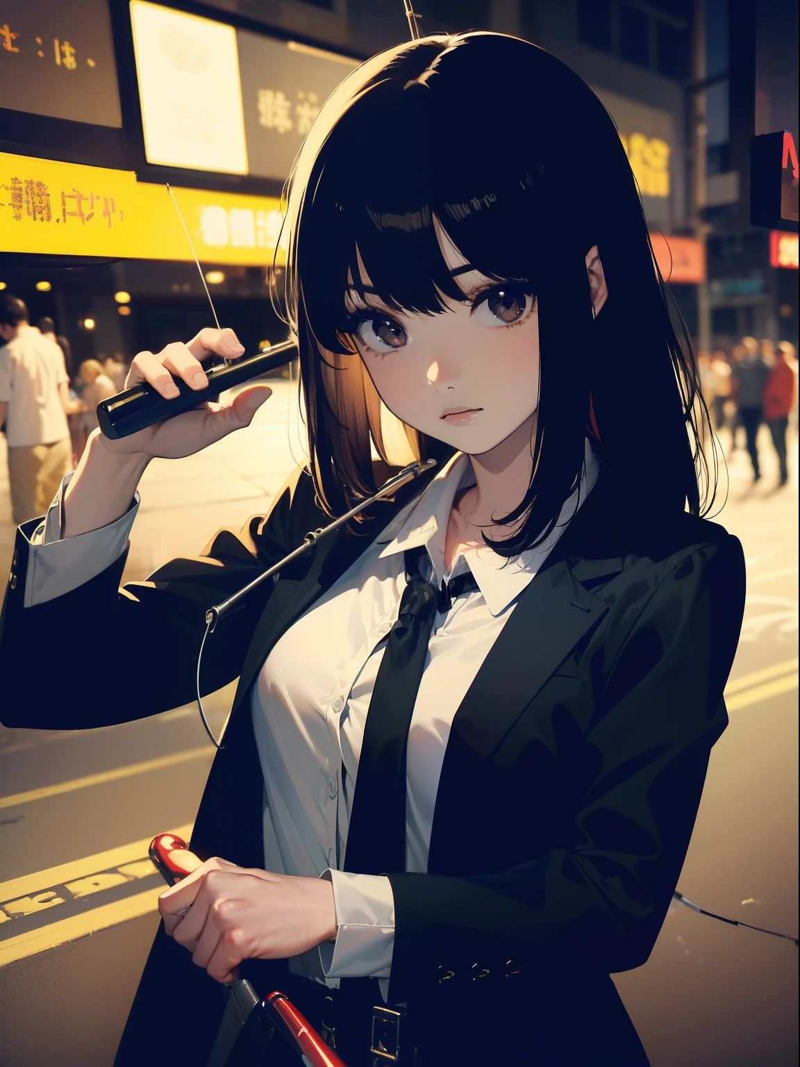 ((((Holding a fishing rod with a reel by the lakeride)))),((Best Quality, masutepiece :1.3)),((( Large Mouth Bus))),hight resolution,ultra-detailliert,Beauty and aesthetics,masterpiece,best qualtiy,(1 Japanese woman),Black hair, long eyeslashes, Solid Circle Eyes, deadpan, drop shadow, Atmospheric perspective,Super Detail, ccurate, small brest,(Black jacket :1.1),top-quality, absurderes:1.2, blurry backround, bokeh dof:1.2, a picture, (masterpiece:1.3), (intricate detailes:1.2), Atmospheric perspective,Super Detail, ccurate,