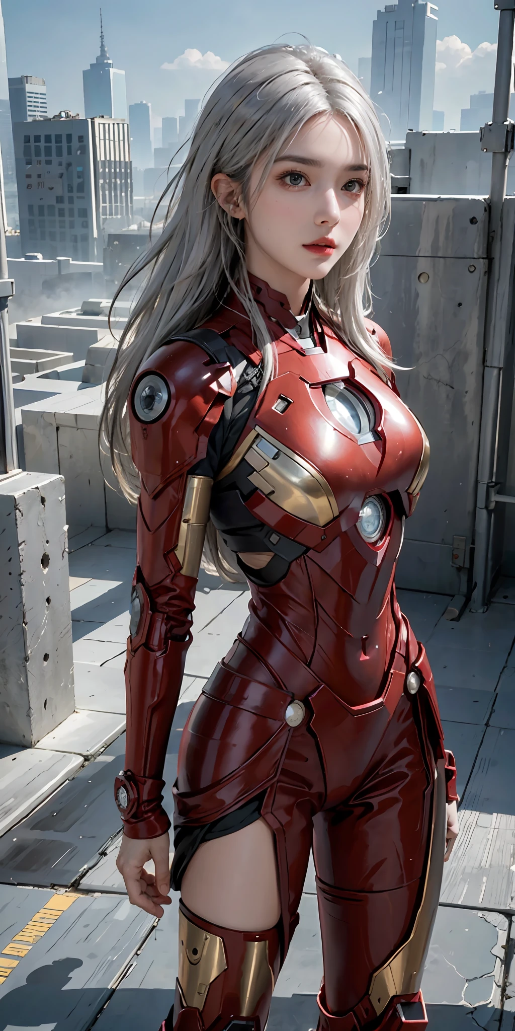 (1girl:1.3), solo,__body-parts__, official art, unity 8k wallpaper, ultra detailed, beautiful and aesthetic, beautiful, masterpiece, best quality, RAW, masterpiece, super fine photo,, best quality, super high Resolution, photorealistic, sunlight, full body portrait, stunningly beautiful,, dynamic pose, delicate , vibrant eyes, (side view), she is wearing a futuristic Iron Man mech, red and gold, Highly detailed abandoned warehouse background, detailed face, detailed complex busy background, messy, gorgeous, milky, high detailed skin, realistic skin details, visible pores, sharp focus, volumetric fog, 8k uhd, dslr camera, High quality, film grain, fair skin, photorealism, lomography, sprawling metropolis in a futuristic dystopia, view from below, translucent, detailed face, white hair