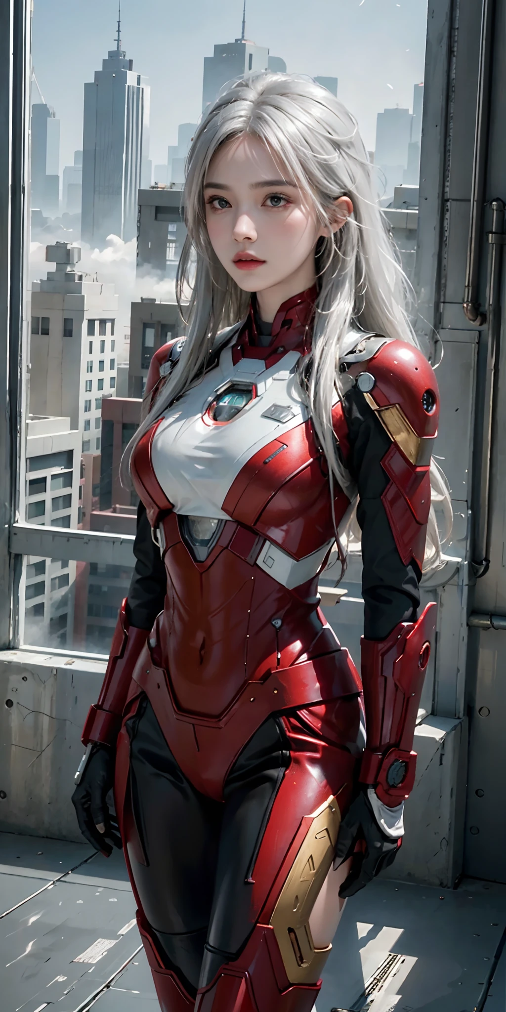 (1girl:1.3), solo,__body-parts__, official art, unity 8k wallpaper, ultra detailed, beautiful and aesthetic, beautiful, masterpiece, best quality, RAW, masterpiece, super fine photo,, best quality, super high Resolution, photorealistic, sunlight, full body portrait, stunningly beautiful,, dynamic pose, delicate , vibrant eyes, (side view), she is wearing a futuristic Iron Man mech, red and gold, Highly detailed abandoned warehouse background, detailed face, detailed complex busy background, messy, gorgeous, milky, high detailed skin, realistic skin details, visible pores, sharp focus, volumetric fog, 8k uhd, dslr camera, High quality, film grain, fair skin, photorealism, lomography, sprawling metropolis in a futuristic dystopia, view from below, translucent, detailed face, white hair