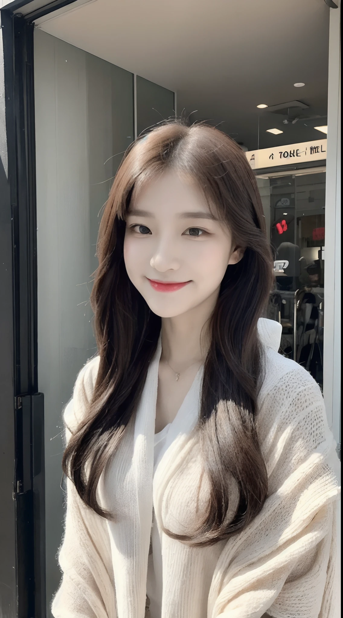 (1 Korean star with royal sister style), ((Best quality, 8K, 巨作: 1.3)), focal point: 1.2, Perfect body proportions: 1.4, (Make a smile), Watery eyes, Highly Detailed Face and Skin Textur, Fine eyes, Double eyelids, Whitens the skin, (Shawl straight hair: 1.3), (face round: 1.5), (校服: 1.4), (Medium-thickness stockings: 1.4),(JK style:1.4),(the street:1.3)