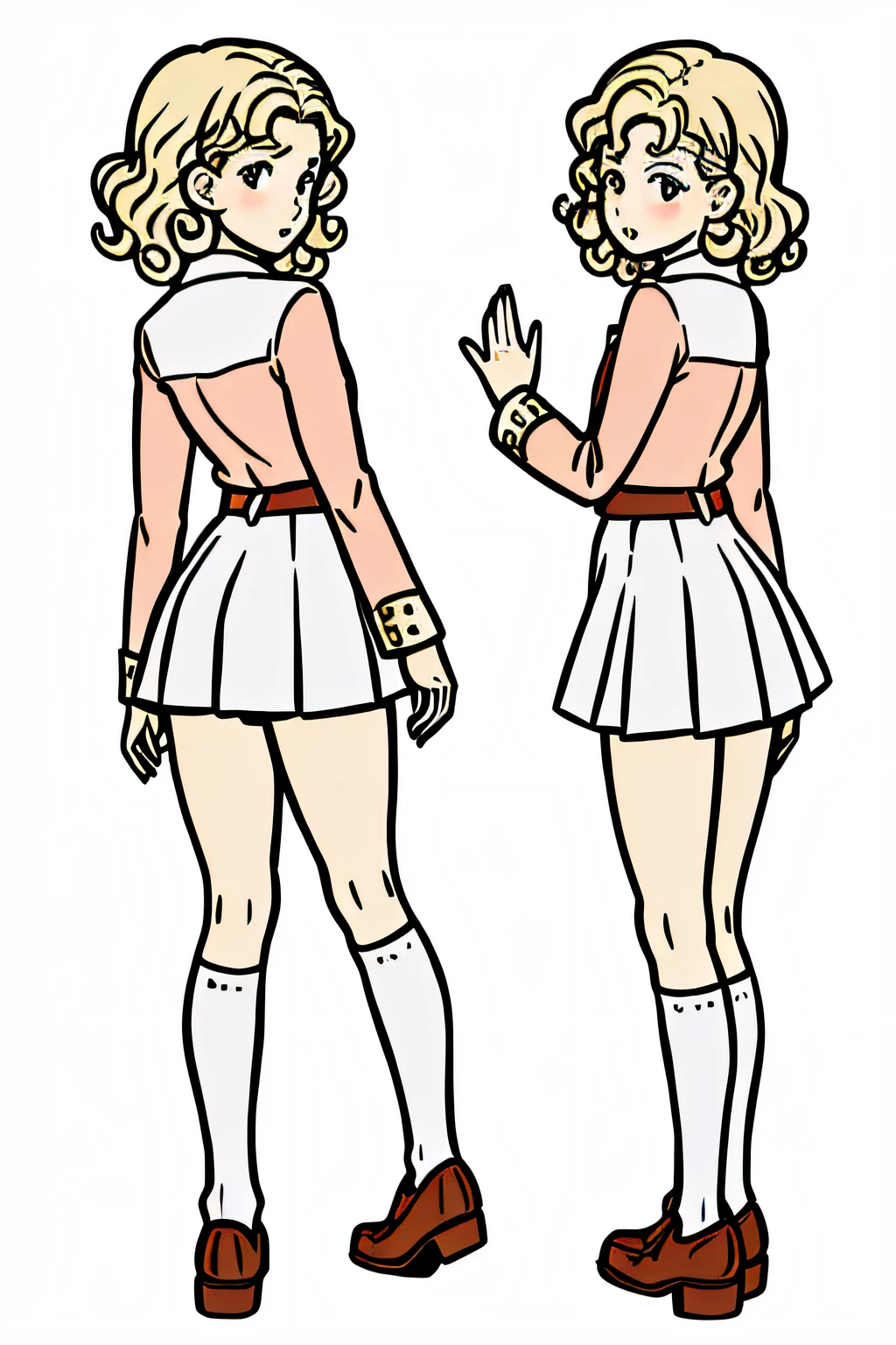 western illustration, masterpiece, best quality,
some little girls with short, curly hair,
waving to the viewer (us), in school uniform, ((From several different angles))
from opposite, From behind, from the profile,
in the style of childreb book charecter, charecter sheet, white background, adjective + object, character sheet, children book character, white background, blonde hair,
white background, looking at viewer, short hair,