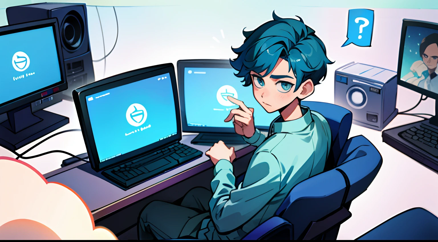 （best qualtiy，tmasterpiece），1boys，Computer login，Message box，Multi-option，The expression is cold and handsome，Trendy，Sit in a chair，