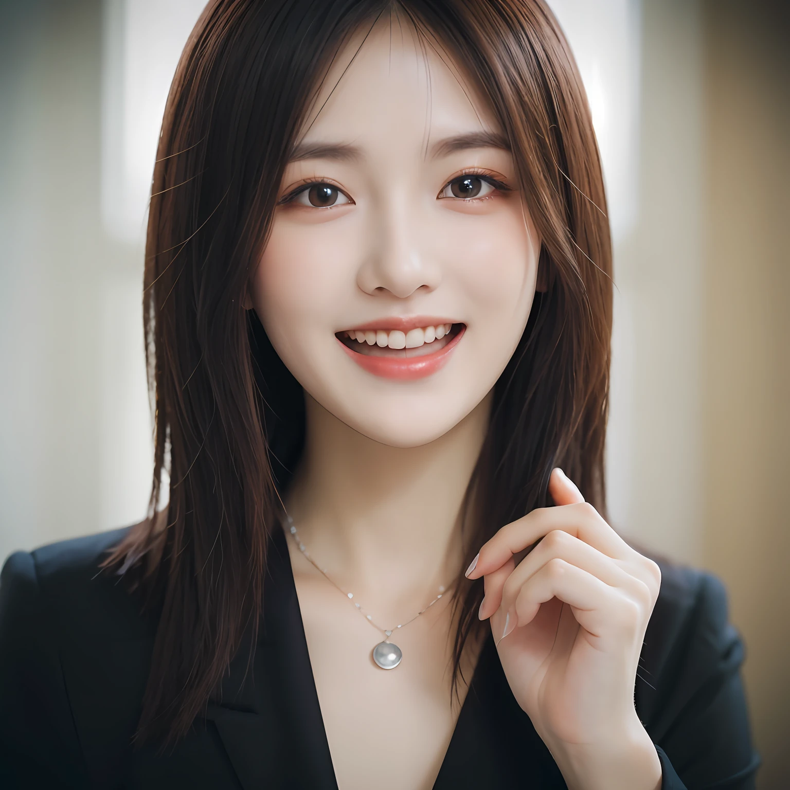 Dressed, (photographrealistic:1.4), (Hyper realistic:1.4), (Realistic:1.3), (Smoother lighting:1.05), (increase cinematic lighting quality:0.9), 32K, 1girl in,25-years old, Realistic lighting, Backlighting, Light on Face, raytrace, (Brightening light:1.2), (Increase quality:1.4), (Top quality real texture skins:1.4), finely detailed eyes, finerly detailed face, (tired and sleepy and joy:0), (Laugh:1.4), Black Suit,a necklace, (Increase body line mood:1.1), (Increase the beauty of skin texture:1.1)