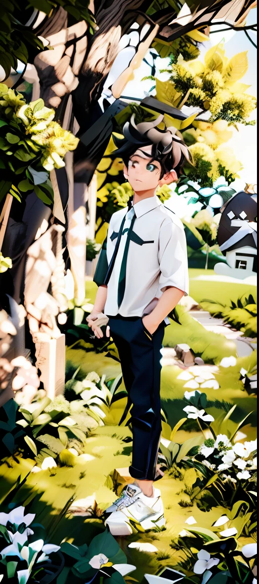 (Masterpiece: 1.5), (Best Quality: 1.5), High Resolution, Highly Detailed, 3DMM, 1boy, White Shirt, Black Pants, Black Shoes with White Sole, White Background with Shadow, Black Hair, Standing, Short Sleeves, Green Eyes, Simple CGI Background, Correct Posture, Second Cell Phone, 3D, Well Detailed Face, Highres, 8K