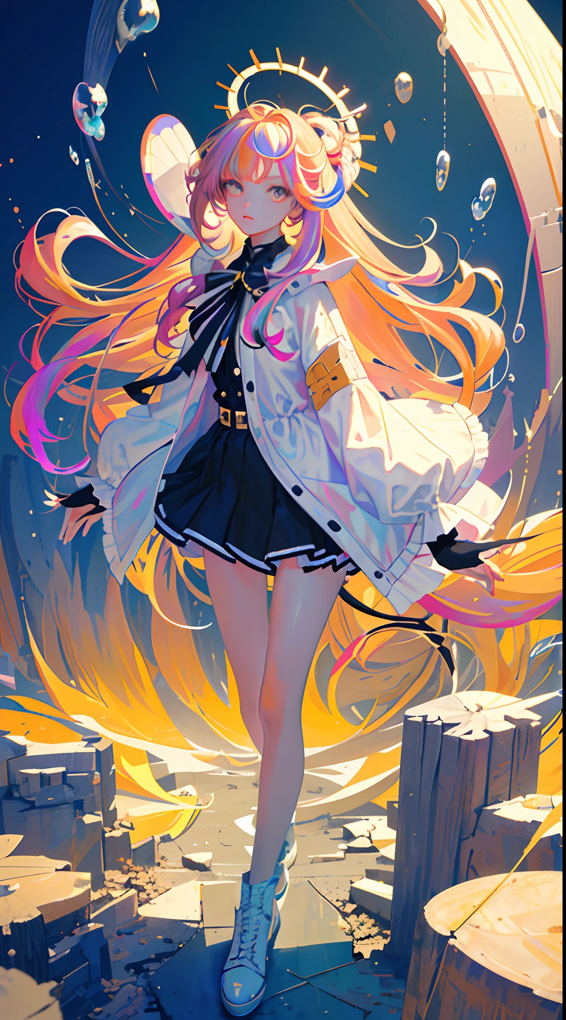 (Masterpiece), (Best quality), (Ultra detailed),(Disheveled hair),(illustration), (1girll), (Fashionable clothing), standing,Fashion model,view the viewer, (interview), (Simple background),beatiful detailed eyes,Delicate beautiful face,Floating,(High saturation),(Colorful splashes),colorful bubble,(Shining),focus onface,