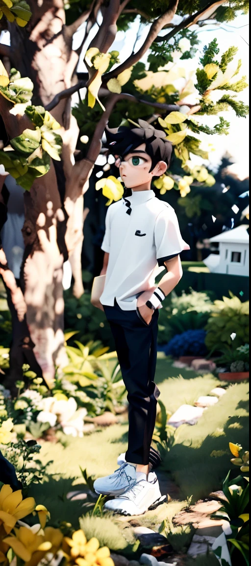 (Masterpiece: 1.5), (Best Quality: 1.5), High Resolution, Highly Detailed, 3DMM, 1boy, White Shirt, Black Pants, Black Shoes with White Sole, White Background with Shadow, Black Hair, Standing, Short Sleeves, Green Eyes, Simple CGI Background, Correct Posture, Second Cell Phone, 3D, Well Detailed Face, Highres, 8K