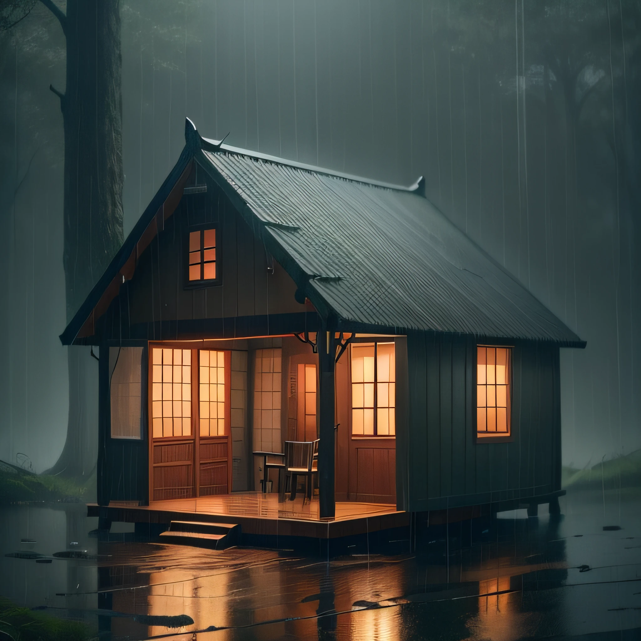 there is a small wooden house with a table and chairs in the rain, rainy day outside, magical environment, quiet and serene atmosphere, in a rainy environment, rainy outside, rainy afternoon, inside on a rainy day, rainy scene, by Raymond Han, rainy atmosphere, rainy environment, rainy mood, rainy and gloomy atmosphere, rainy evening, atmospheric fantasy setting