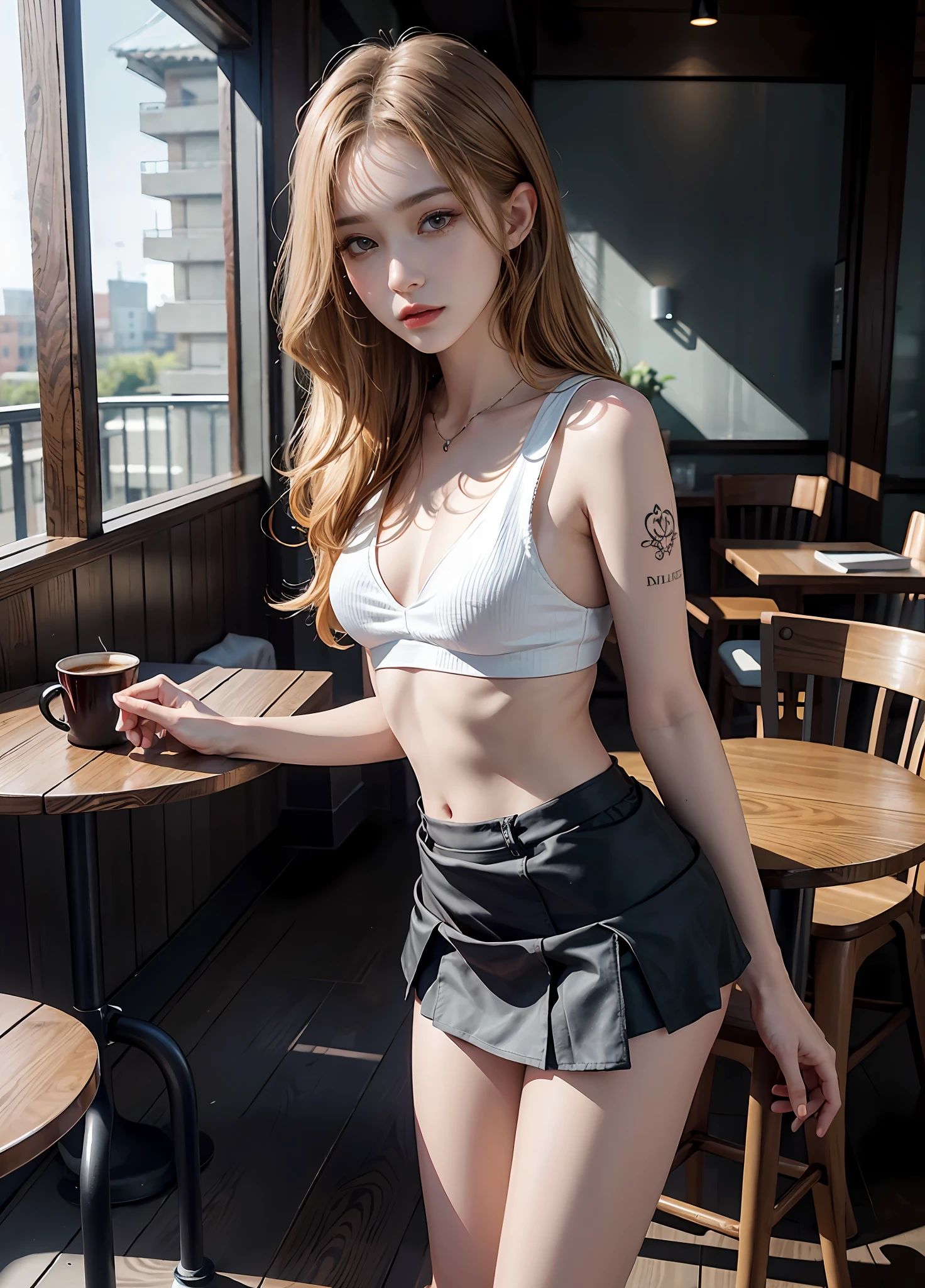 (8K、RAW photography、 Highest quality、 hentail realism、Photorealsitic、Professional lighting、tmasterpiece、Extremely Delicately Beautiful、finedetail、ultra - detailed、A high resolution、Textured skin)、1womanl、(Solo:1.2)、Beautiful model、jpn、panties aside、white panties,Thin fabric、beauitful face:2、perfectly proportions、Carmelto、(Bare legs)、Makeup、lipstick、eyeline、mascara、eye shadows、Brown hair、Blonde wavy hair、hair on one eye、Tall、vests、(A miniskirt:1.3)、high-heels、Open terrace seating in the coffee shop、The ceiling is from below,Belly tattoo,Indecent tattoos