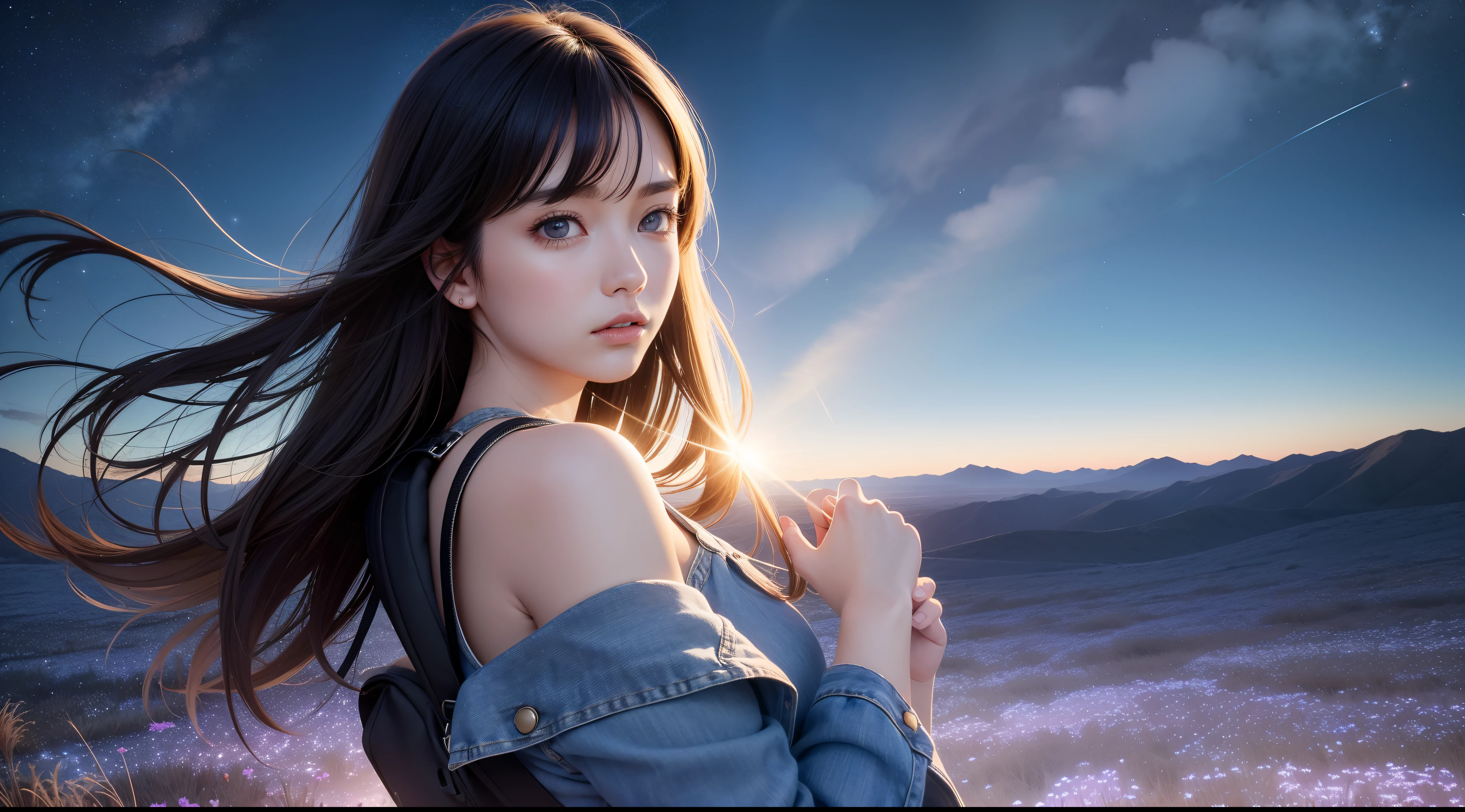 Close-up,The vast starry sky, the clear sky, the beautiful skyline, the large grasslands, the extremely tense and dramatic pictures, the moving visual effects, the high-hanging Polaris, and the colorful natural light. A long-sleeved top, denim shorts, and a cute face girl with a backpack,(((solo)))