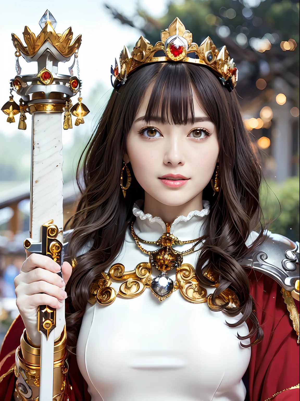 (masutepiece), Professional , masterpiece、top-quality、photos realistic , depth of fields (Gemstone Silver Metal Body:1.9),(Matte White、Particles of light、Jewel Gold Weapon(Jewel Metal Body:1.4),Gorgeous metal weapons , Detailed Sword of the Brave , Beautiful knife ,warhammer 40k , adepta sororitas,Detail and ornate jewel crown、Black hair、Gangle's forest background、Beautiful Caucasian beauty、1a person、dynamic ungle,(((Detailed and ornate diamond crown)))、Smaller head、A smile、sexypose、(Gorgeous castle background)、