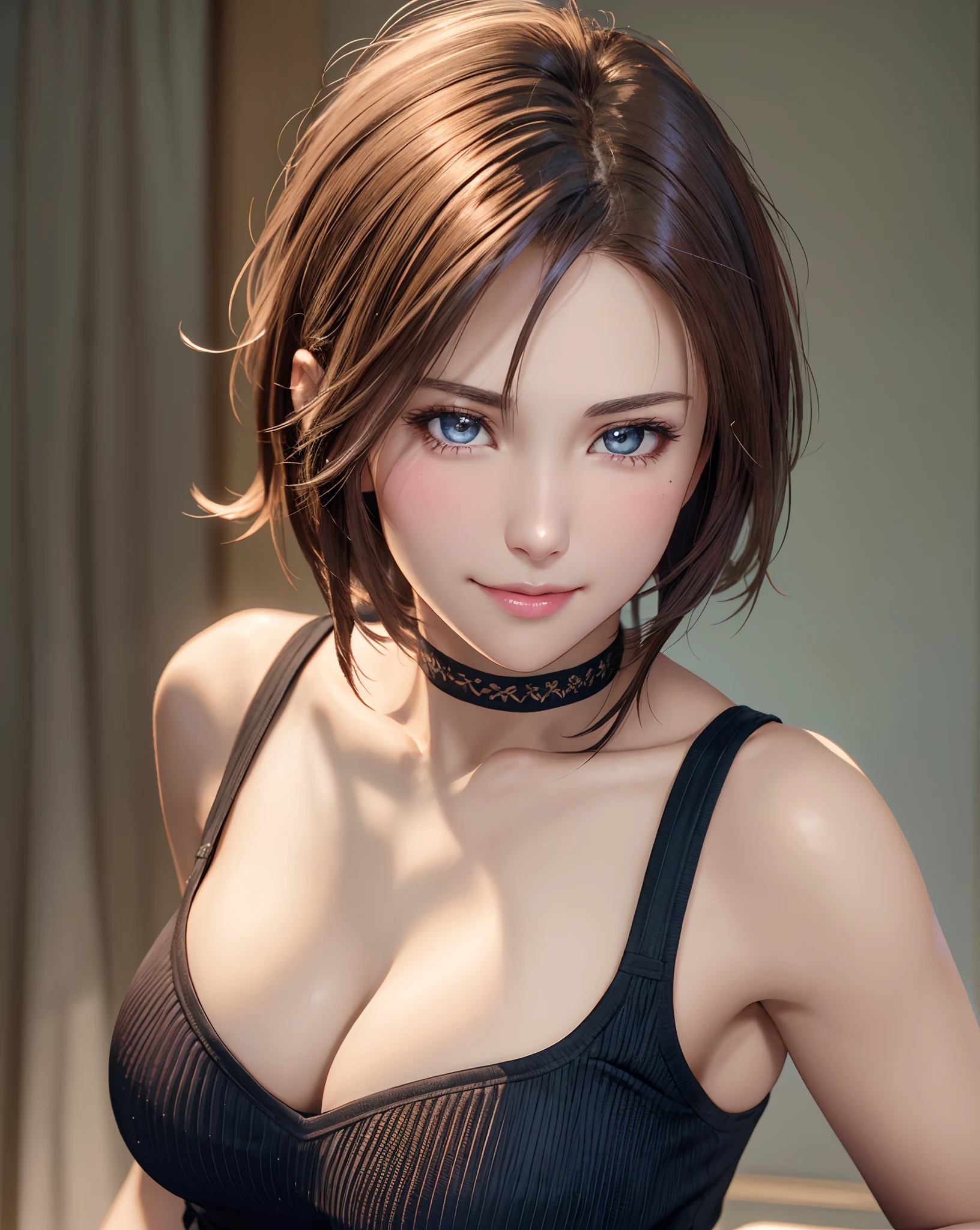 Best Quality, Ultra High Resolution, (Photorealistic: 1.4), Beautiful Eyes, Super Beautiful, Very Short Hair, Beautiful, Sweetheart, T-shirt with Rough Chest, Beautiful Soldier, Eyes That Invite Viewer, Lover's Perspective, Inviting Expression, Sexy Smile, Perfect Style, Perfect Balance, Detailed Skin, Naughty Gaze, Chest Visible