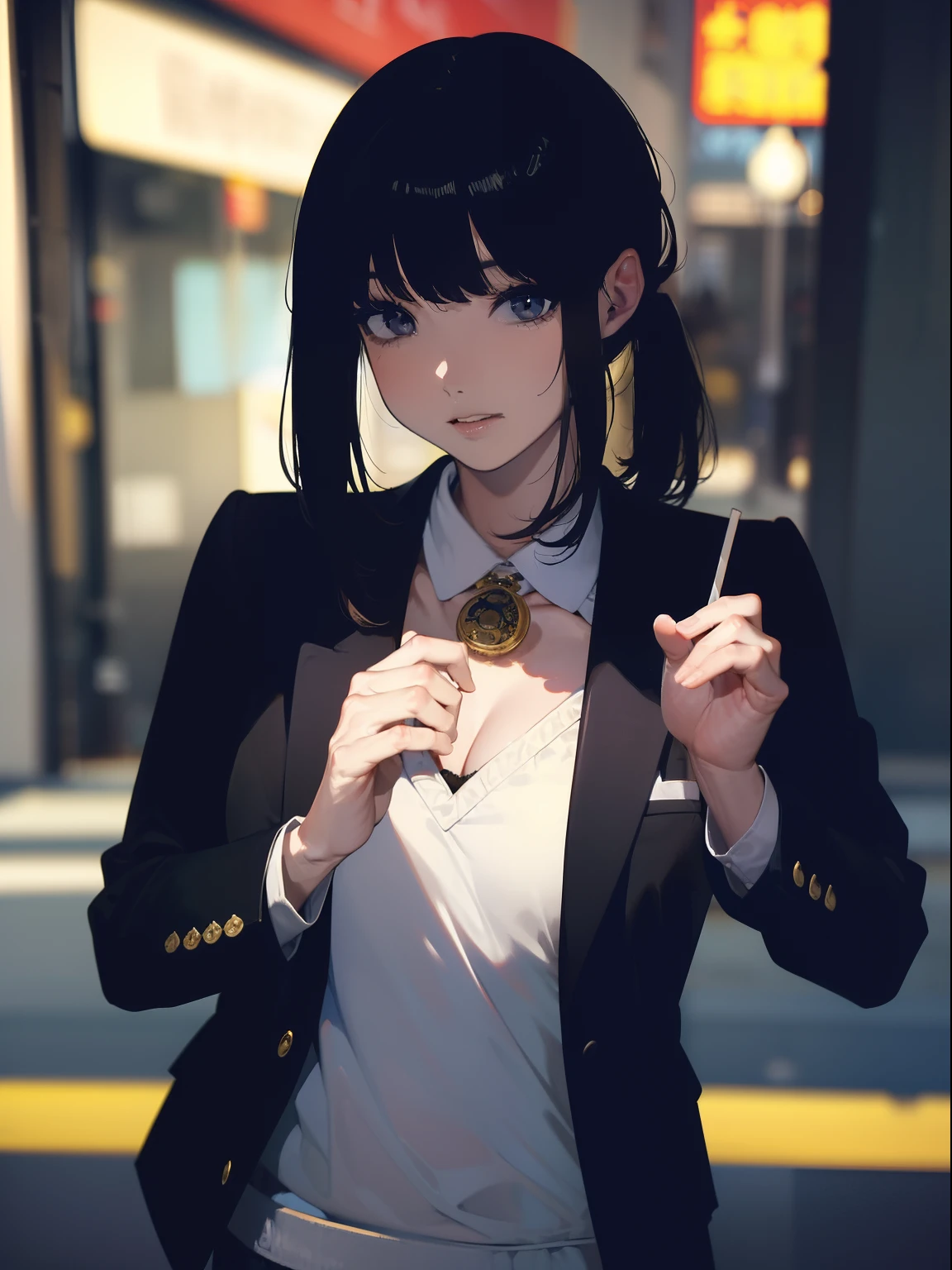 ((((Holding a big fish by the lakeride)))),((Best Quality, masutepiece :1.3)),((( Large Mouth Bus))),hight resolution,ultra-detailliert,Beauty and aesthetics,masterpiece,best qualtiy,(1 Japanese woman),Black hair, long eyeslashes, Solid Circle Eyes, deadpan, drop shadow, Atmospheric perspective,Super Detail, ccurate, small brest,(Black jacket :1.1),top-quality, absurderes:1.2, blurry backround, bokeh dof:1.2, a picture, (masterpiece:1.3), (intricate detailes:1.2), Atmospheric perspective,Super Detail, ccurate,
