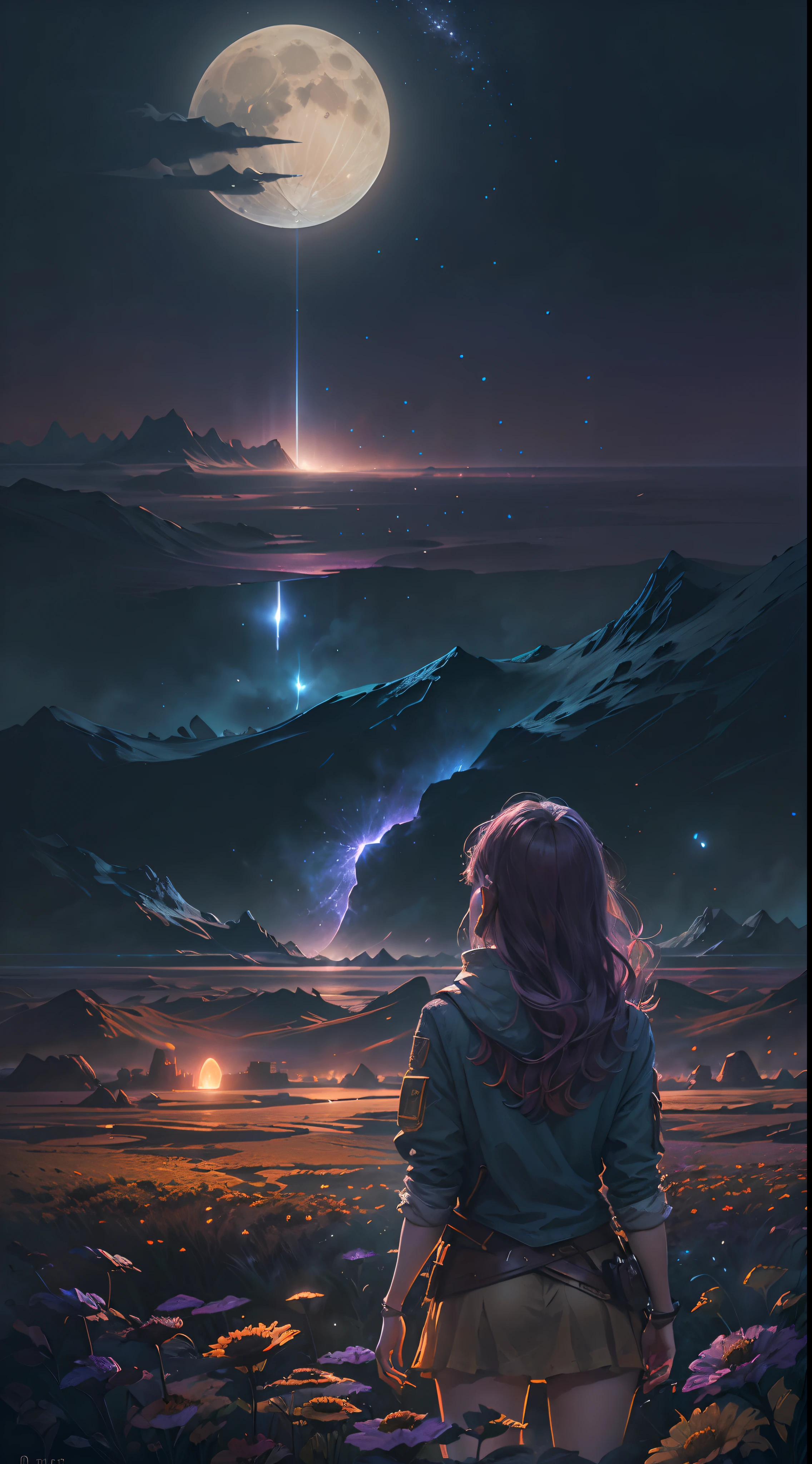 expansive landscape photograph, (Look below.), Above is the sky, Below is an open field), A girl standing on a flower field looking up, (Full Moon: 1.2), (Meteor: 0.9), (Nebula: 1.3), distant mountain, Tree BREAK making art, (Warm light source: 1.2), (Firefly: 1.2), lights, Lots of purple and orange, complicated detail, volume lighting, Realism BREAK (Masterpiece: 1.2), (best quality), Ultra-detailed, (Dynamic composition: 1.4), RAWExtremely detailed, Colorful details, (Rainbow colors: 1.2), (glowing lighting, atmospheric lighting), Dreamlike, Magical, (Solo: 1.2), 4k
