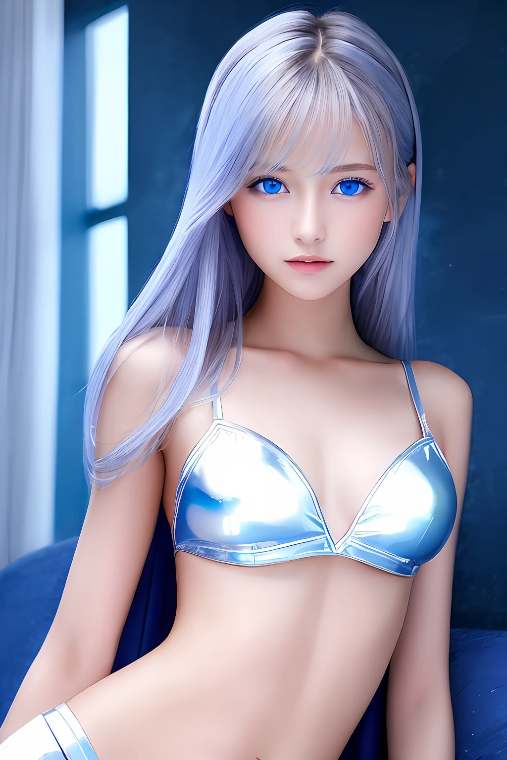 ((masterpiece, top quality, super definition, high definition)), solo, beautiful girl, shining eyes, perfect eyes, blue eyes, , silver theme, low rise,