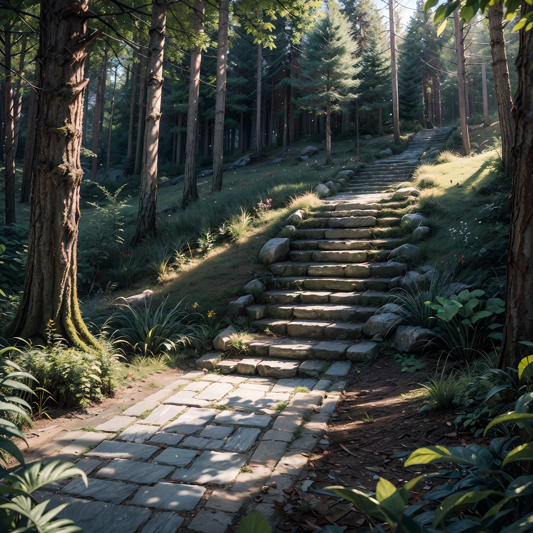 8k masterpiece, best quality:1.2, illustration depicting, Up the green slope, beneath the forest’s roof
With slow soft steps leaving the mountain’s steep And sought those inmost labyrinths motion-proof, subsurface-scattering, glow, bloom, Chromatic Aberration, Photorealistic, Sunlight, volumetric light, 3d render, Leonardo Style