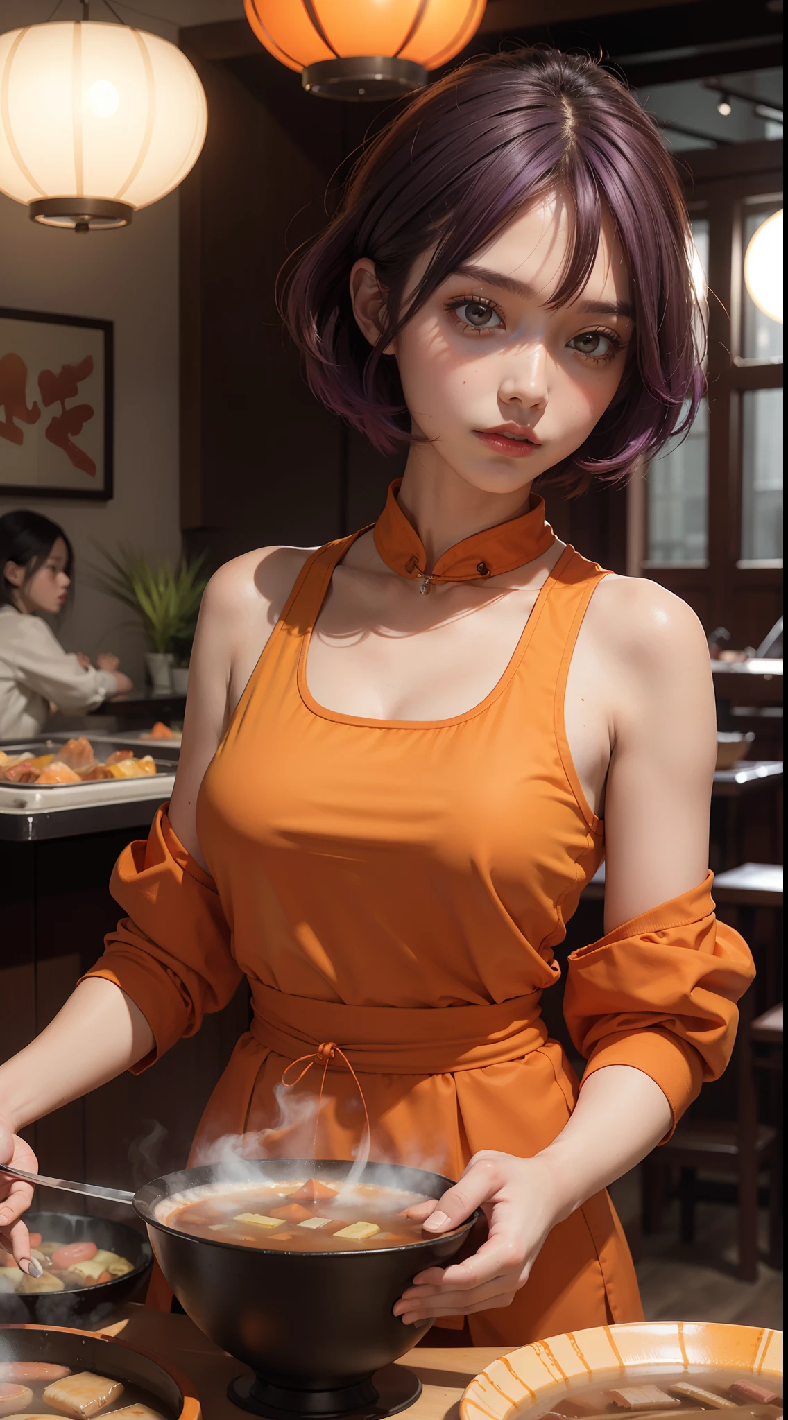 concept-art，Elevation viewing angle，Dressed in funny Somali dark orange Pinafort，Brunette is styled as short hair，fluorescent purple Hair tie，Equirectangular columnar 360，A high resolution，[（The art of Willie Baumeister：1.1），（John T.Biggs' art：1.2）：：17]，offcial art，Unity 8k壁纸，ultra - detailed，Aesthetics，tmasterpiece，best qualtiy，realisticlying，Whole-body localization，Maillard costume，orange top，Short orange and red skirts，Long legs，Two twin sisters，The two sisters sat face to face and ate hot pot，Hot pot restaurant scene，Eat Chinese hot pot，delicated face，Looks ladylike，20-year-old look，Eating posture