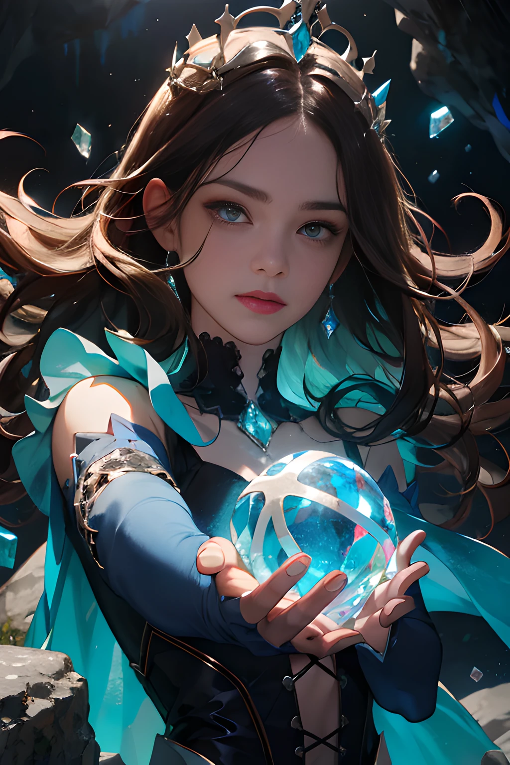 (absurdres, highres, ultra detailed), 1woman, mature female, aged up, wavy long hair, auburn hair, coral eyes, bangs, long sleeves, finely detailed eyes and detailed face, extremely detailed CG unity 8k wallpaper, intricate details, (style-swirlmagic:1.0),  looking at viewer, solo, upper body, detailed background, close up,  detailed face, (gothic dark ages theme:1.1), crystal sorcerer,  dynamic pose, earth themed clothes, crystal crown,  floating in the air, glowing magical shards, surrounded by blue magical crystals,  rock formations, stalactites,  magical floating particles, crystal glass,  crystal sphere, crystal canyon background, (shallow water:0.7),  epic ethereal atmosphere,   updraft,, portrait