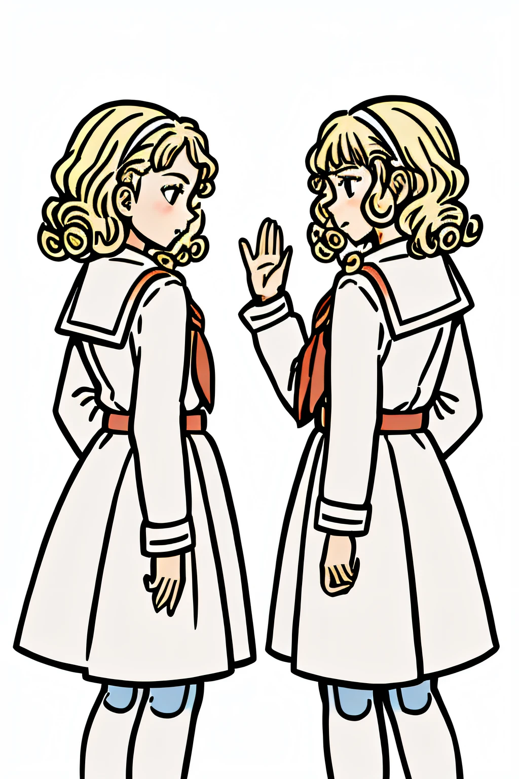 western illustration, masterpiece, best quality,
some s with short, curly hair,
waving to the viewer (us), in school uniform, ((From several different angles))
from opposite, From behind, from the profile,
in the style of childreb book charecter, charecter sheet, white background, adjective + object, character sheet, children book character, white background, blonde hair,
white background, looking at viewer, short hair,