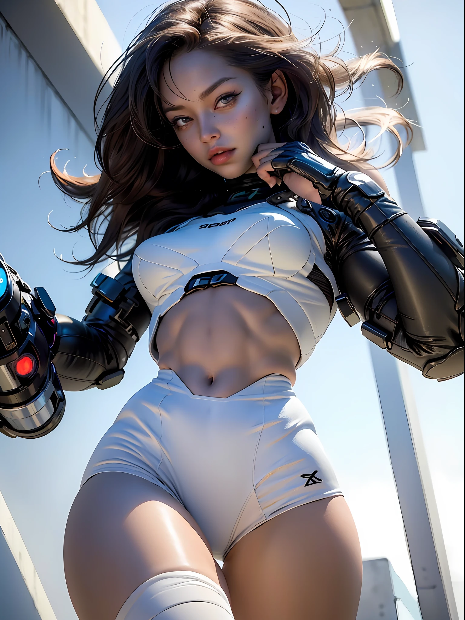 Woman body defined thick thighs cybernetic body parts, short underwear,upper body,ultra high res, (photorealistic:1.4), raw photo,16K,dramatic lighting,