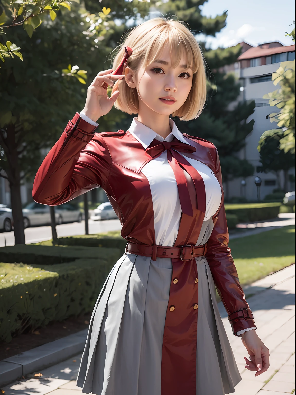 (masterpiece, best quality:1.4), (sranding:1.5), (dynamic pose:1.4), happy and big smile, chisatonishikigi, nishikigi chisato, short hair, bangs, blonde hair, (red eyes:1.5), hair ribbon, one side up, bob cut, BREAK shirt, long sleeves, dress, ribbon, white shirt, collared shirt, belt, neck ribbon, red dress, blue ribbon, pleated dress, grey dress, two-tone dress, red belt, lycoris uniform, BREAK outdoors, citypark, looking at viewer ,looking at viewer looking at viewer beautiful face, highly detailed face, highly detailed eyes, highly detailed skin, skin pores, subsurface scattering, realistic pupils, full face blush, full lips, detailed background, depth of field, volumetric lighting, sharp focus, absurdres, realistic proportions, good anatomy, (realistic, hyperrealistic:1.4), 16k hdr,
