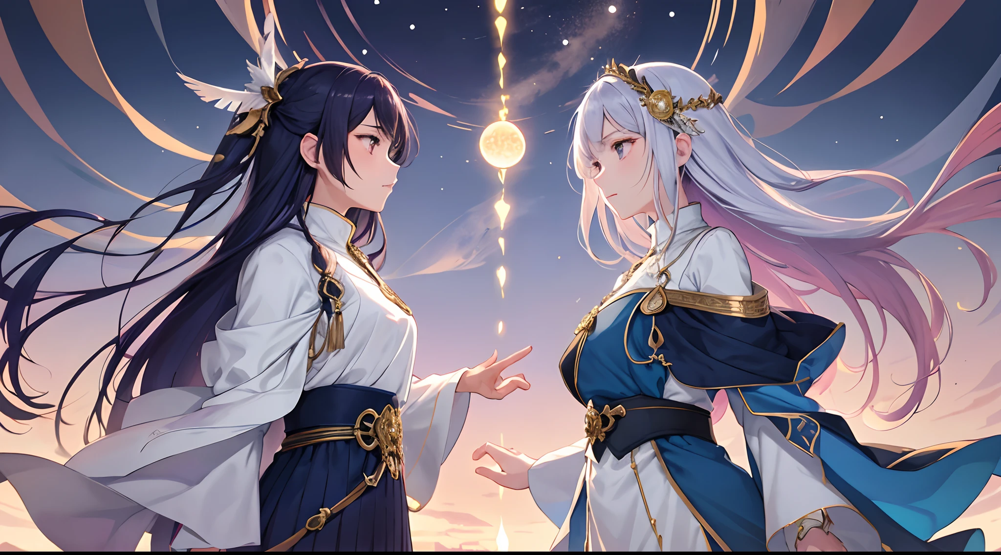 The background displays a gradient blend of cool blues and deep purples, representing the cold and calm, juxtaposed with warm golds and soft pinks shimmering at particular points to give it a shiny effect, embodying the "times gone by." At the center, an anime character stands. This character has an expression of reflection, gazing into a distance. Their attire is a blend of modern and traditional, symbolizing the bridge between the present and the past. Surrounding them are elements like an hourglass, soft glowing orbs, and floating feathers. All these elements, combined, give a sense of drifting through time and memories.